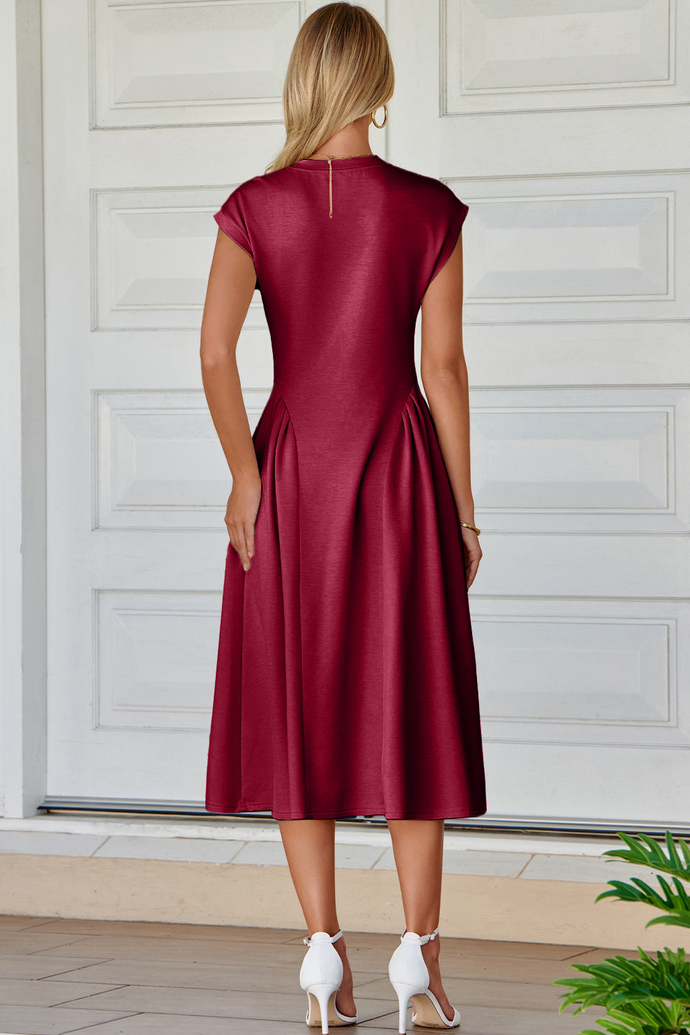 Red Dahlia Solid Color V Neck Pleated Flared Midi Dress-TOPS / DRESSES-[Adult]-[Female]-2022 Online Blue Zone Planet