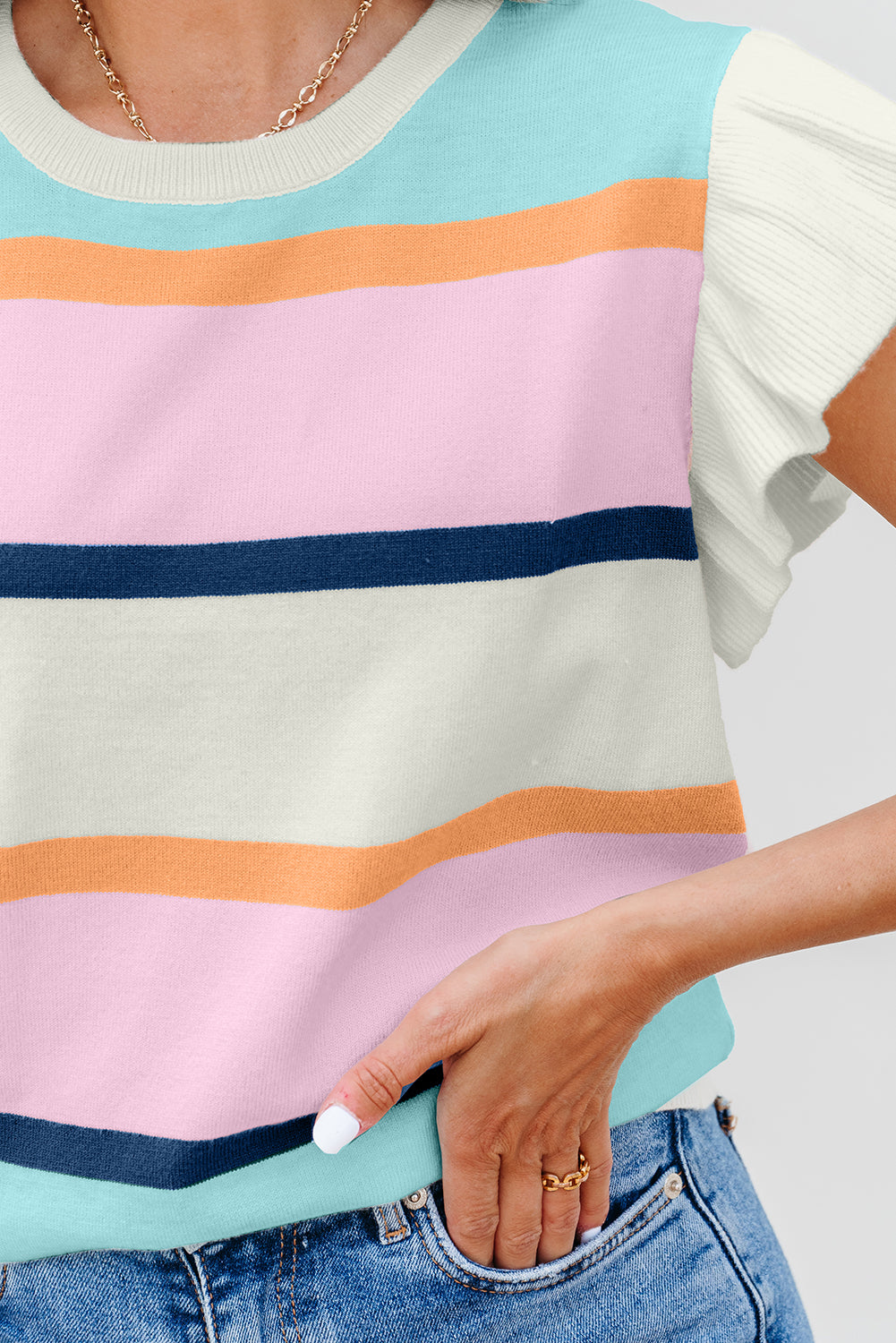Multicolour Striped Color Block Flutter Sleeve Patchwork Sweater Top-TOPS / DRESSES-[Adult]-[Female]-2022 Online Blue Zone Planet