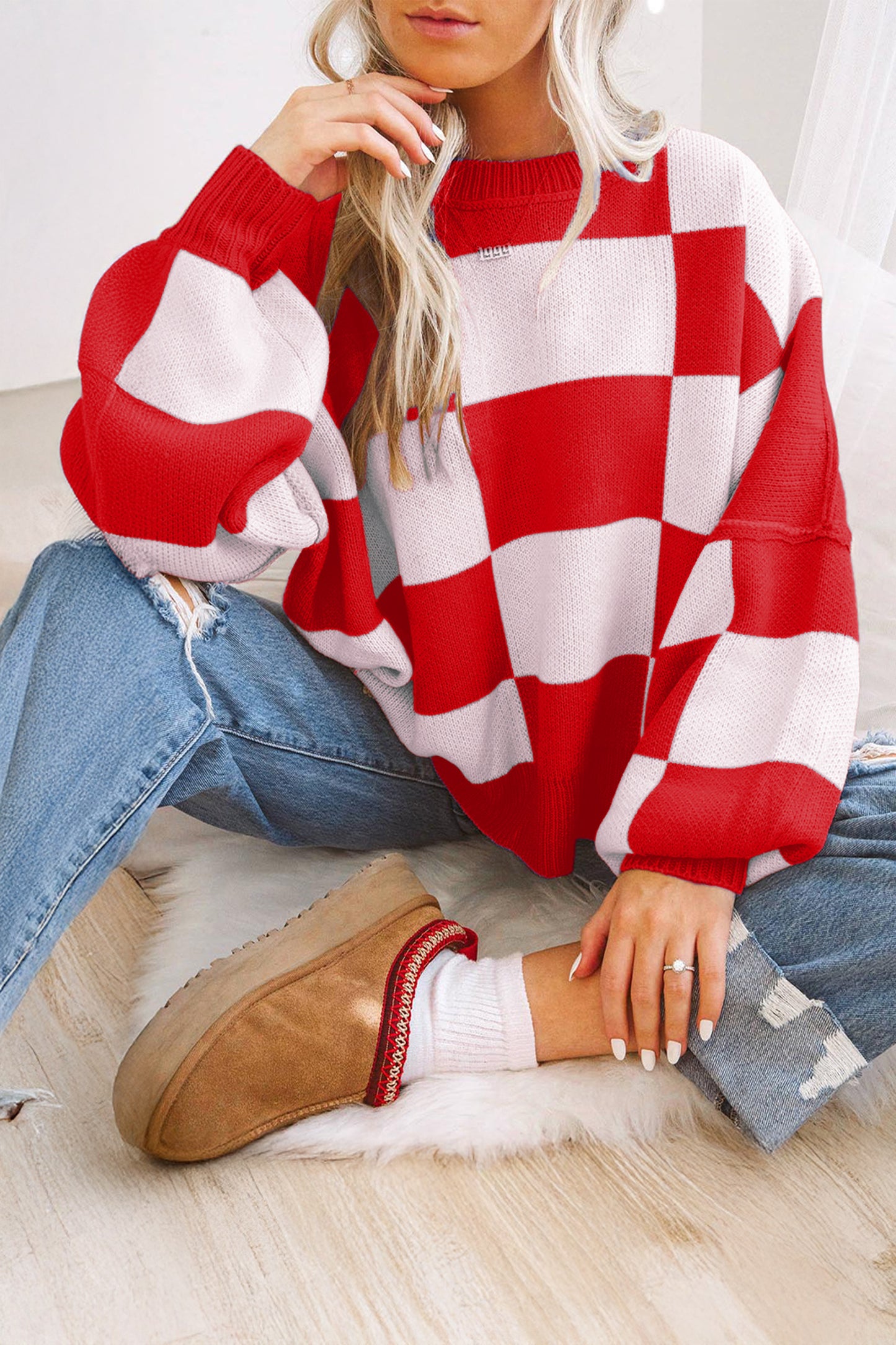 Fiery Red Checkered Bishop Sleeve Sweater-Sweaters & Cardigans/Sweaters-[Adult]-[Female]-Fiery Red-S-2022 Online Blue Zone Planet