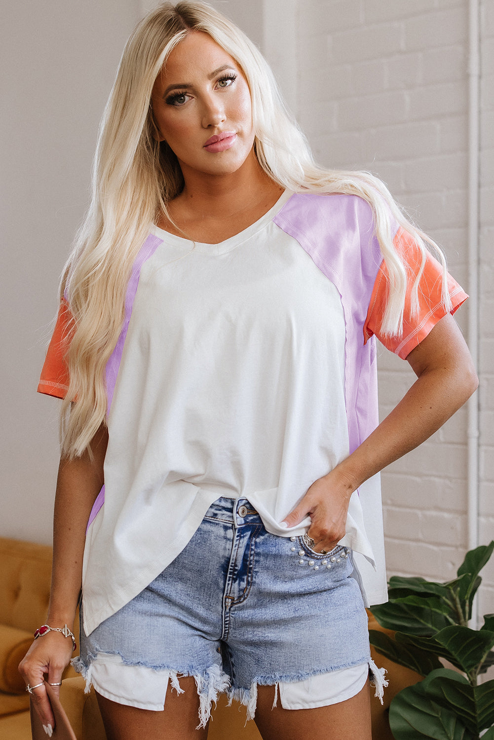 Beige Colorblock Patchwork V Neck Exposed Seam High Low T Shirt-Tops/Tops & Tees-[Adult]-[Female]-2022 Online Blue Zone Planet