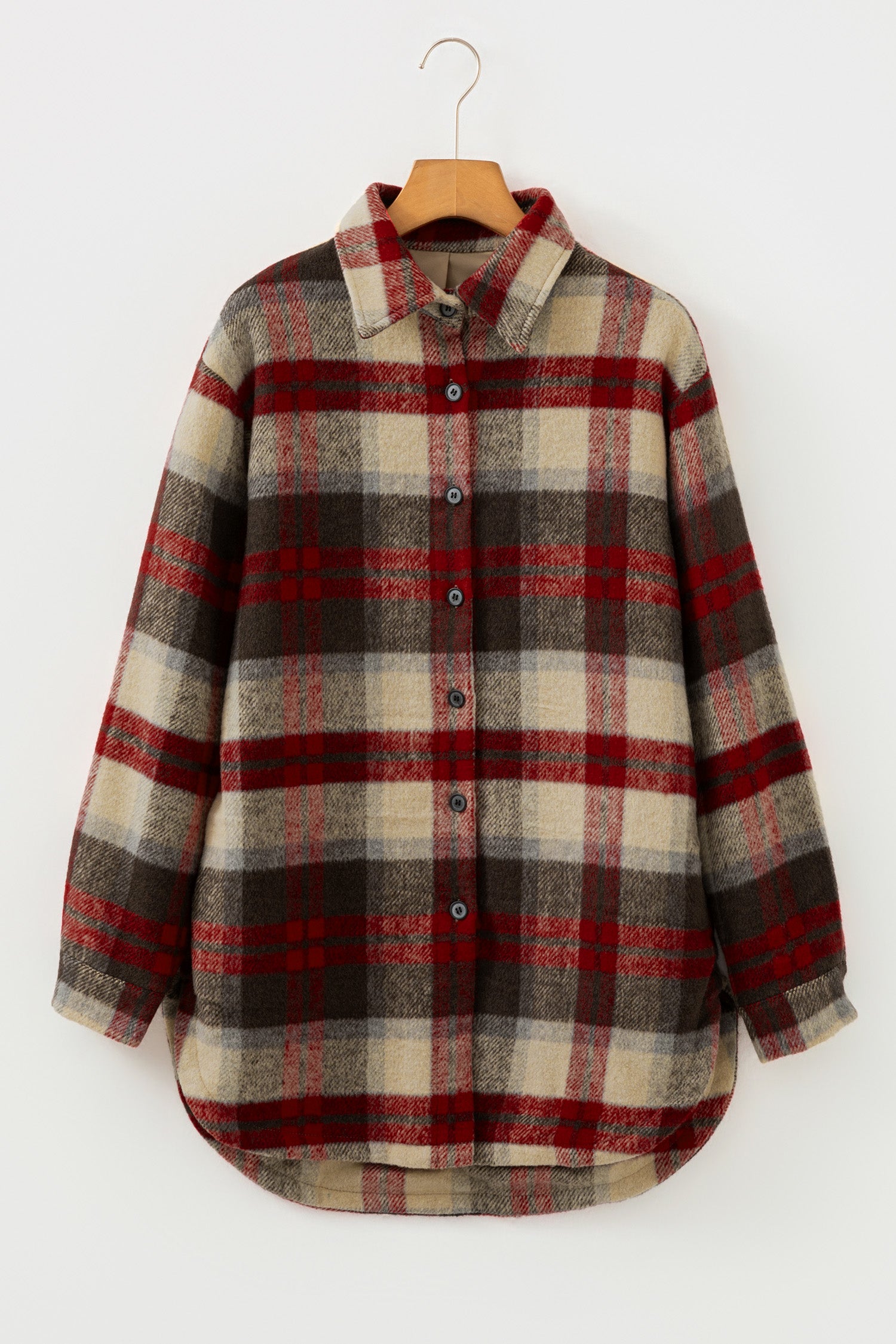 Red Brushed Plaid Buttoned Front Side Slit Tunic Shacket-Outerwear/Plaid Shackets-[Adult]-[Female]-2022 Online Blue Zone Planet
