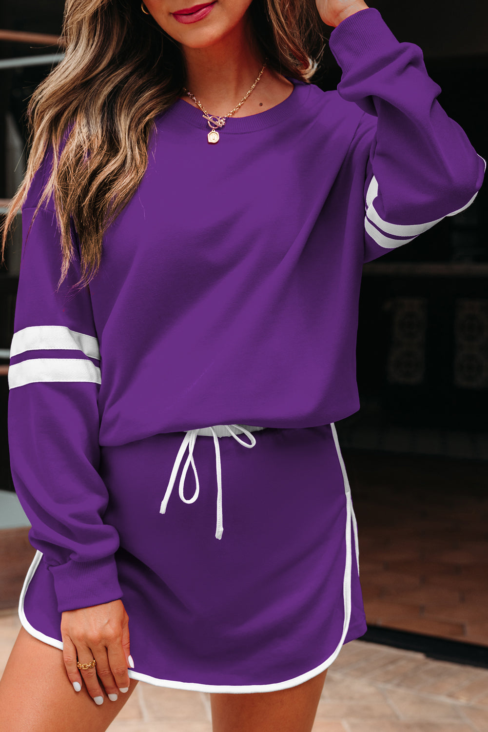 Tillandsia Purple Varsity Stripe Detail Drop Shoulder Pullover Mini Skirt Set-Two Piece Sets/Two Piece Dresses-[Adult]-[Female]-2022 Online Blue Zone Planet