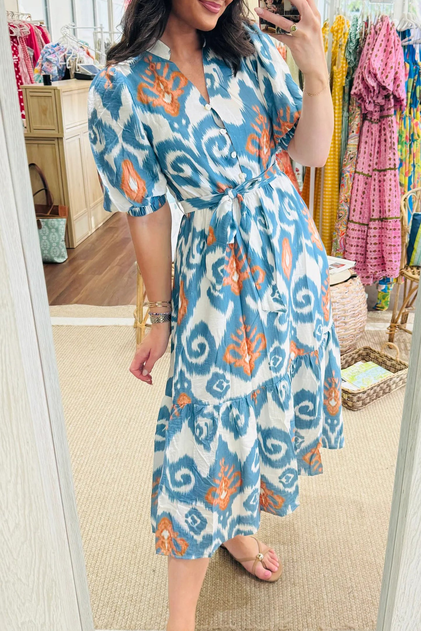 Sky Blue Boho Floral Print Short Puff Sleeve Button Down Ruffle Hem Midi Dress-Dresses/Midi Dresses-[Adult]-[Female]-2022 Online Blue Zone Planet
