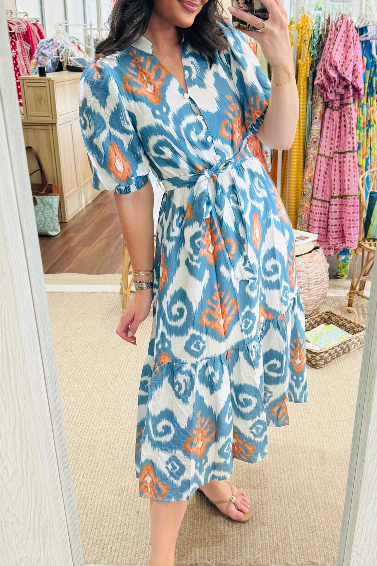 Sky Blue Boho Floral Print Short Puff Sleeve Button Down Ruffle Hem Midi Dress-Dresses/Midi Dresses-[Adult]-[Female]-2022 Online Blue Zone Planet