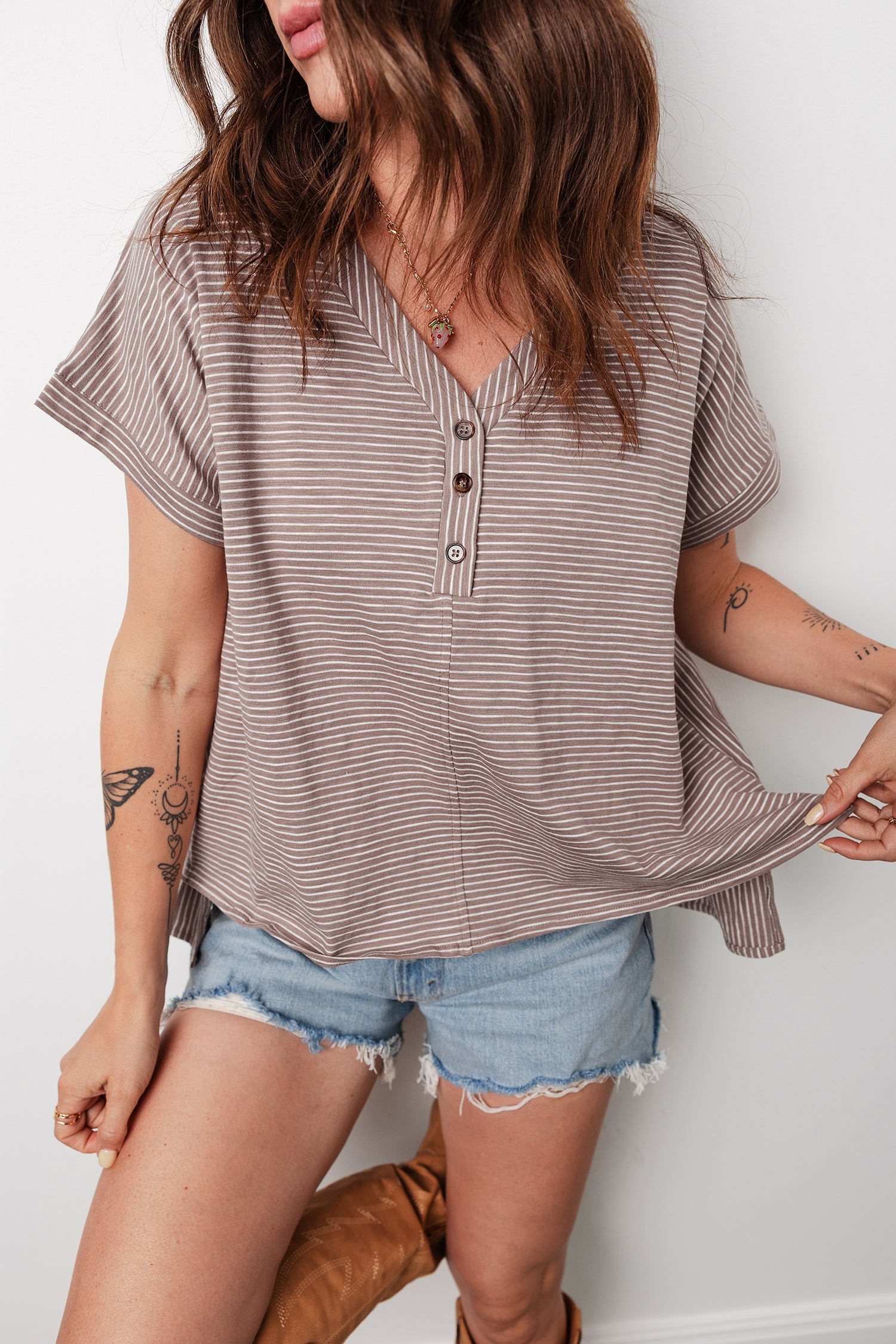 Khaki Stripe Buttoned V Neck High Low Side Slit T Shirt-Tops/Tops & Tees-[Adult]-[Female]-2022 Online Blue Zone Planet