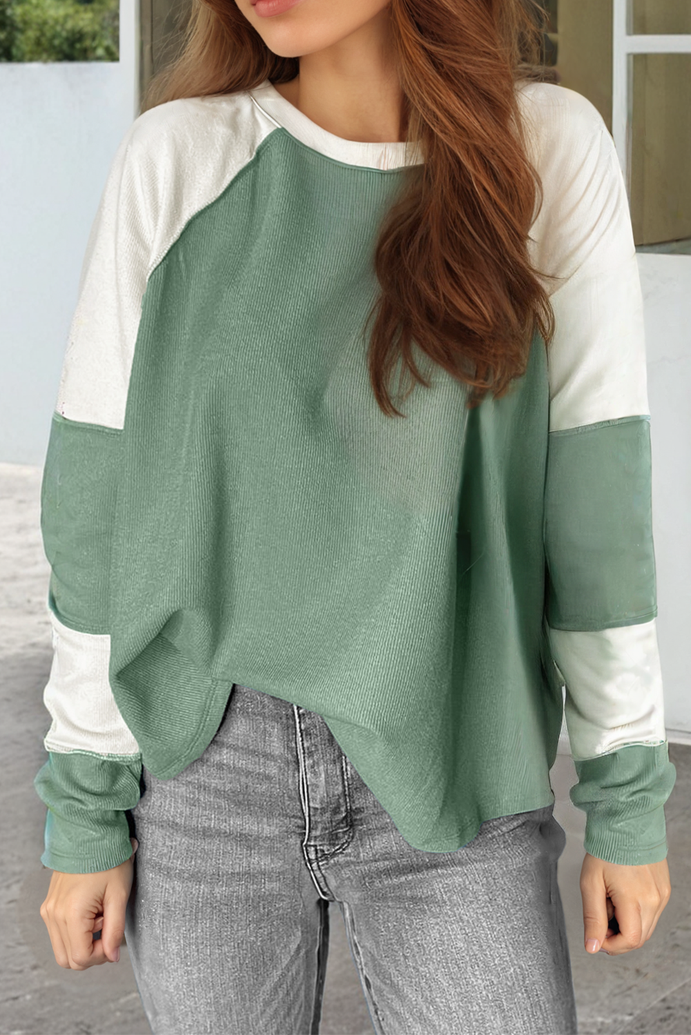 Mint Green Ribbed Colorblock Patchwork Raglan Long Sleeve Top-Tops/Long Sleeve Tops-[Adult]-[Female]-Mint Green-S-2022 Online Blue Zone Planet