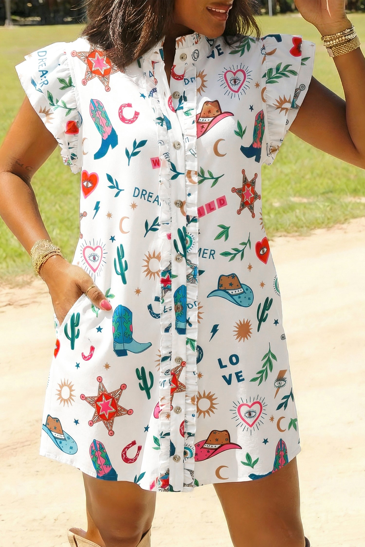 White Western Print Flutter Sleeve Button Down Mini Dress-Dresses/Mini Dresses-[Adult]-[Female]-2022 Online Blue Zone Planet