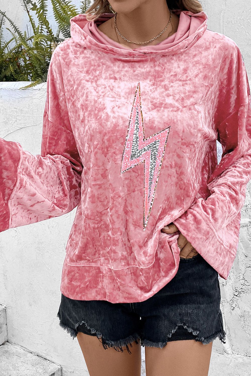 Blue Zone Planet | Thunderbolt Sequin Long Sleeve Hoodie-TOPS / DRESSES-[Adult]-[Female]-Pink-S-2022 Online Blue Zone Planet