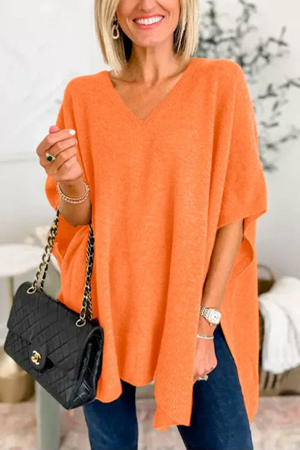 Slit V-Neck Half Sleeve Knit Top-TOPS / DRESSES-[Adult]-[Female]-Pumpkin-S-2022 Online Blue Zone Planet