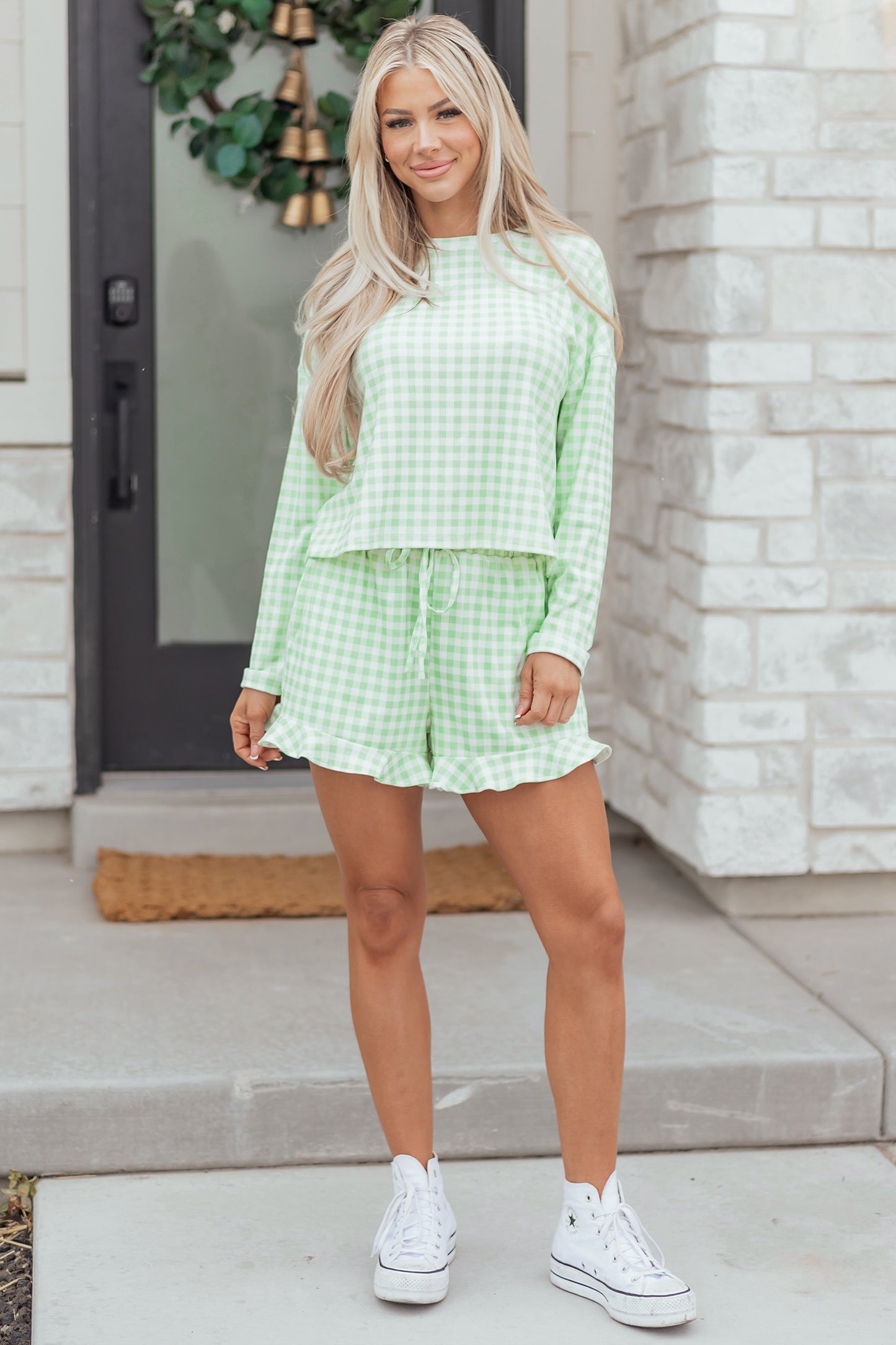 Green Gingham Long Sleeve Loose Top Drawstring Shorts 2pcs Lounge Set-Loungewear & Sleepwear/Loungewear-[Adult]-[Female]-2022 Online Blue Zone Planet