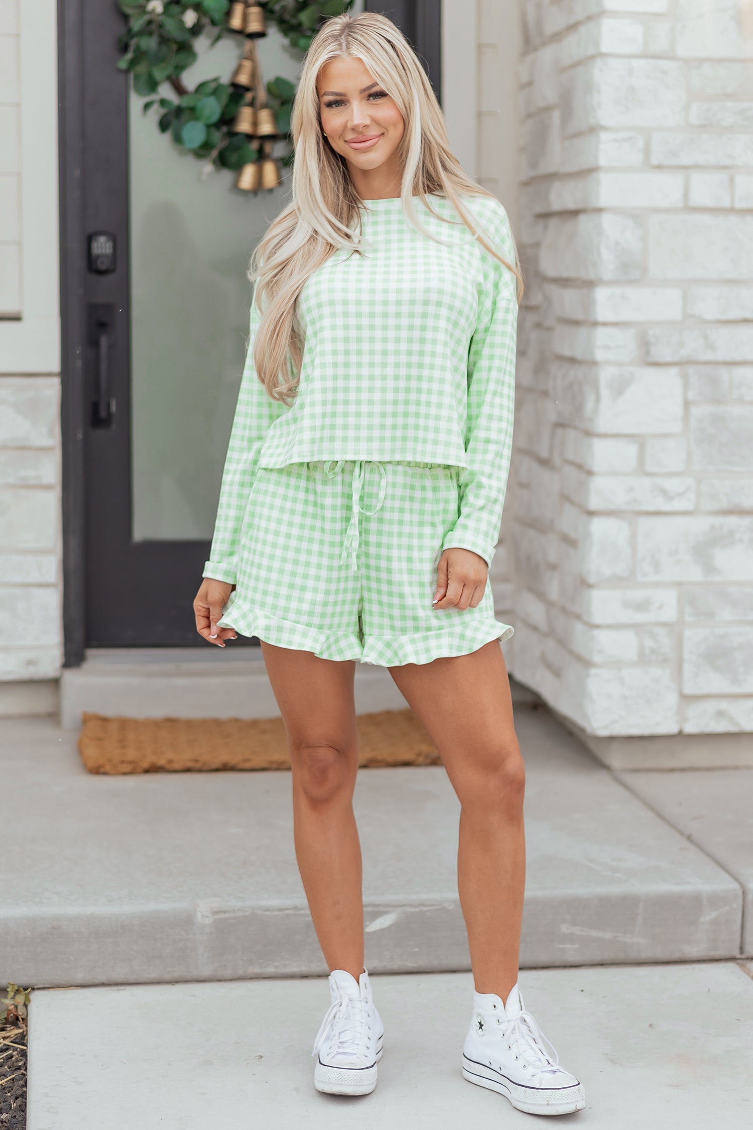Green Gingham Long Sleeve Loose Top Drawstring Shorts 2pcs Lounge Set-Loungewear & Sleepwear/Loungewear-[Adult]-[Female]-2022 Online Blue Zone Planet