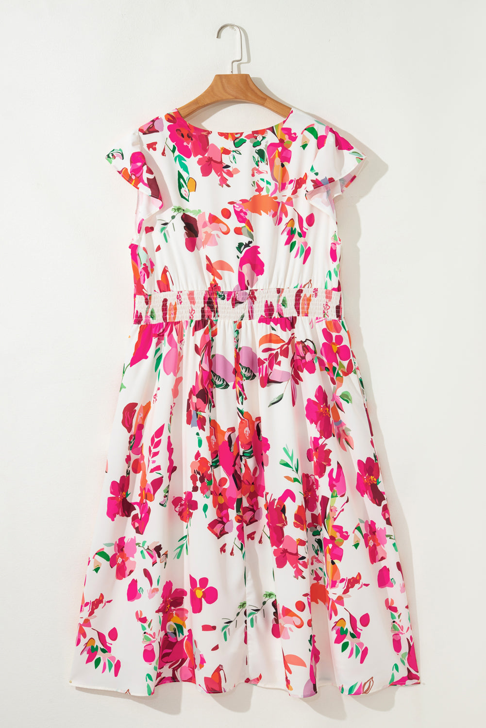 Pink Floral Print V Neck Ruffle Sleeve Plus Size Midi Dress-TOPS / DRESSES-[Adult]-[Female]-2022 Online Blue Zone Planet