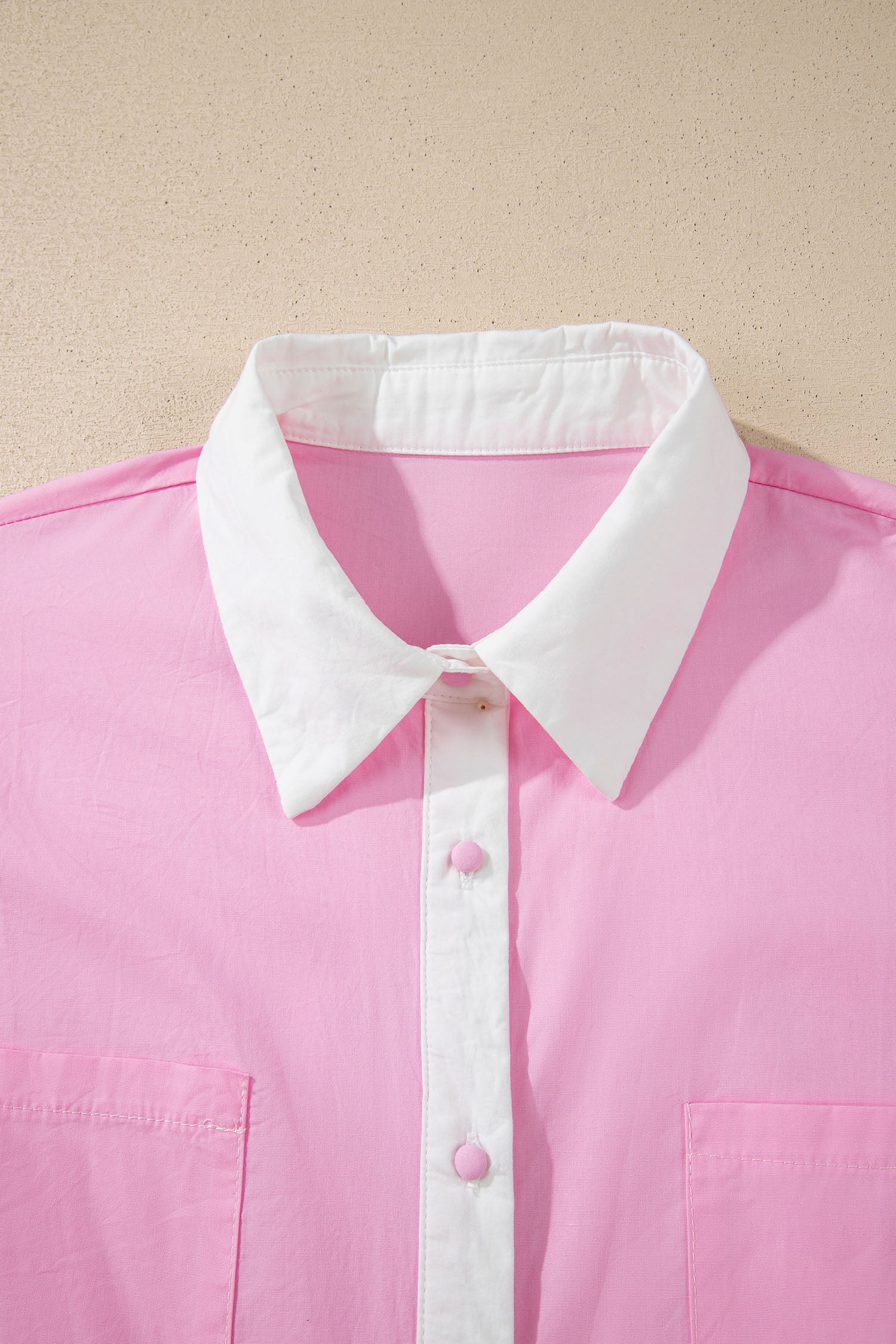 Pink Hollow-out Floral Contrast Patchwork Short Sleeve Button Up Shirt-Tops/Blouses & Shirts-[Adult]-[Female]-2022 Online Blue Zone Planet