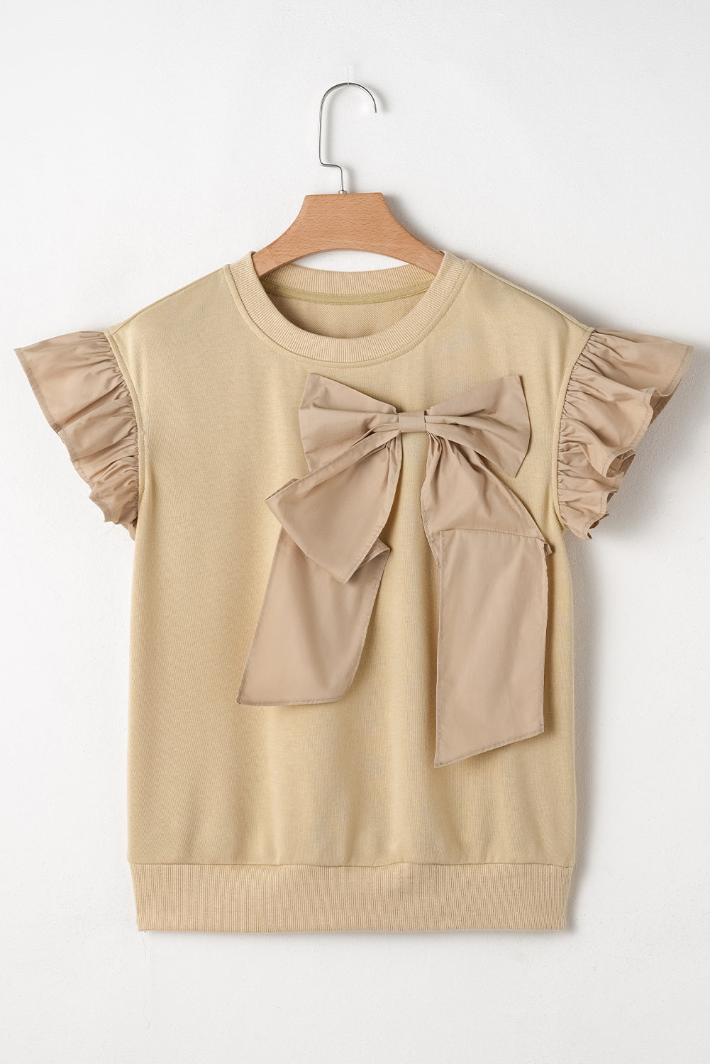 Parchment Ribbon Bow Ruffle Sleeve Round Neck Top-Blouses-[Adult]-[Female]-2022 Online Blue Zone Planet