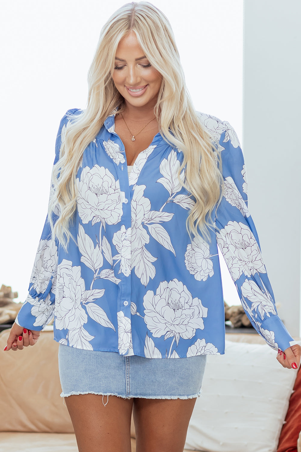 Sky Blue Floral Print Button Up Pleated Detail Puff Sleeve Shirt-Tops/Blouses & Shirts-[Adult]-[Female]-2022 Online Blue Zone Planet