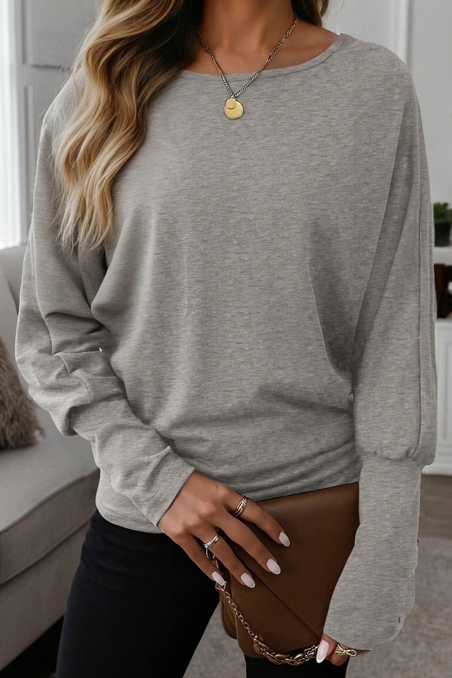 Light Grey Solid Color Extended Cuffs Long Sleeve Top-Tops/Long Sleeve Tops-[Adult]-[Female]-2022 Online Blue Zone Planet