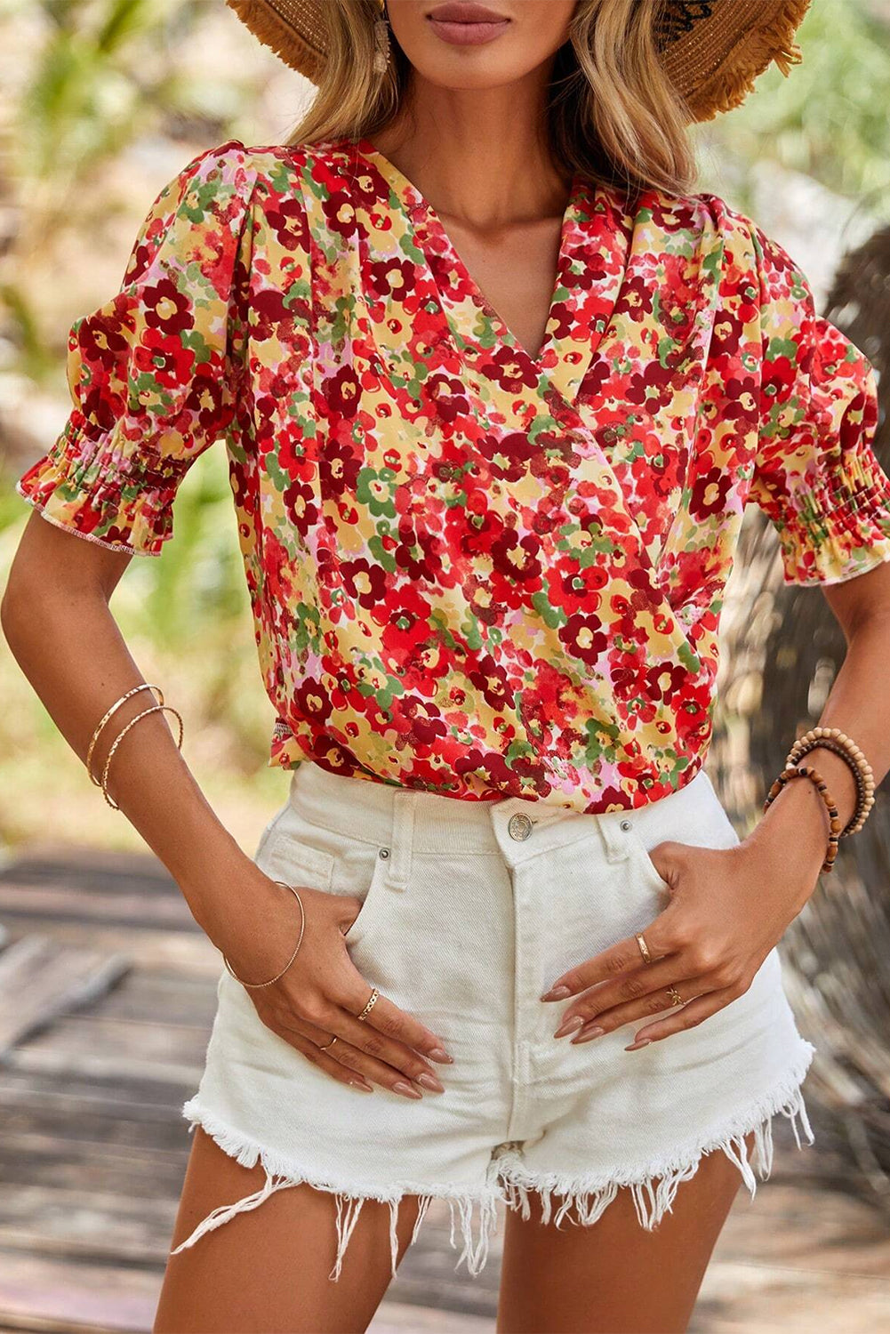 Red Floral Bubble Sleeve Pleated V Neck Wrap Blouse-Tops/Blouses & Shirts-[Adult]-[Female]-2022 Online Blue Zone Planet