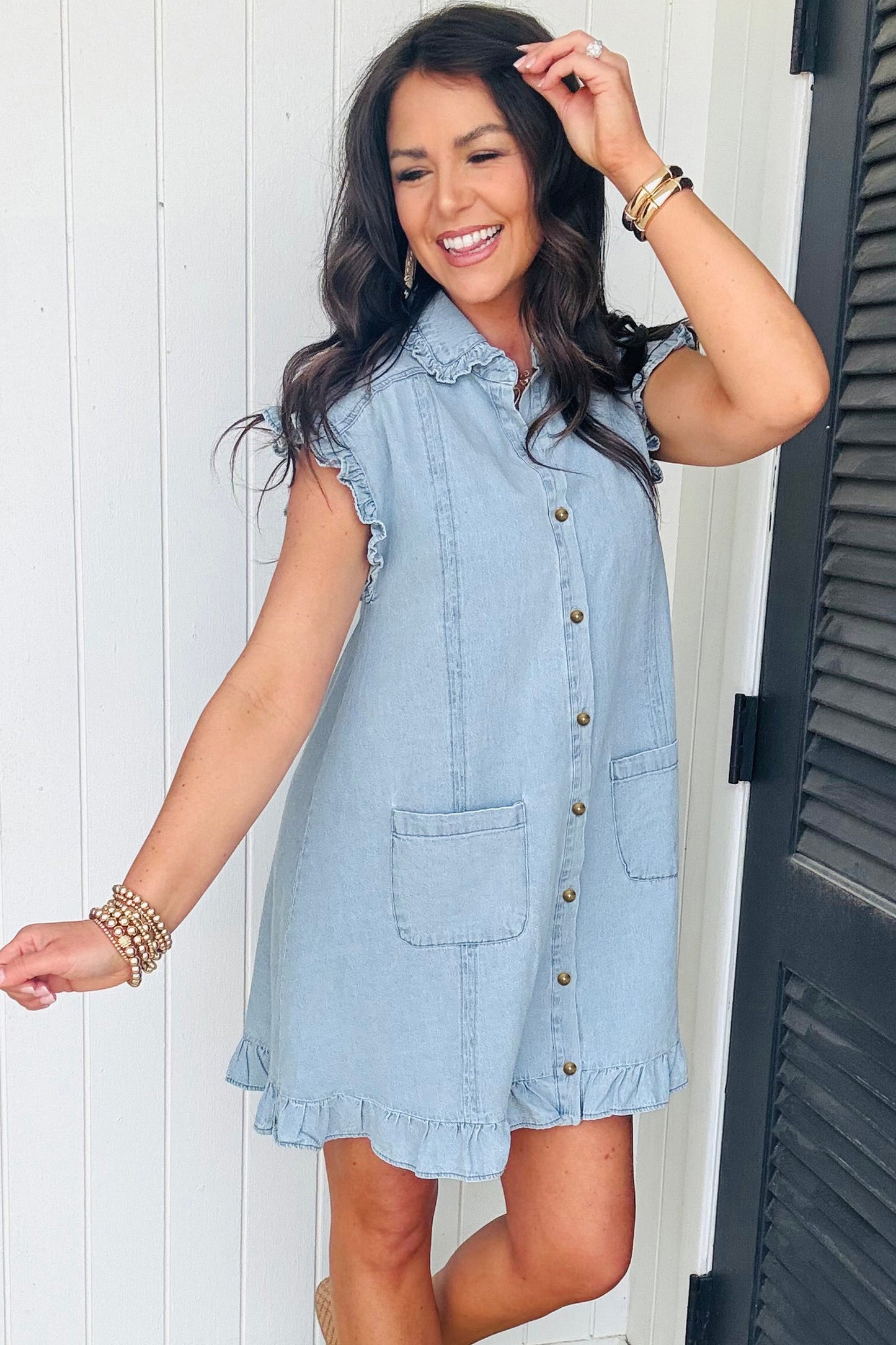 Beau Blue Ruffled Edge Collared Shift Denim Dress with Pockets-TOPS / DRESSES-[Adult]-[Female]-2022 Online Blue Zone Planet
