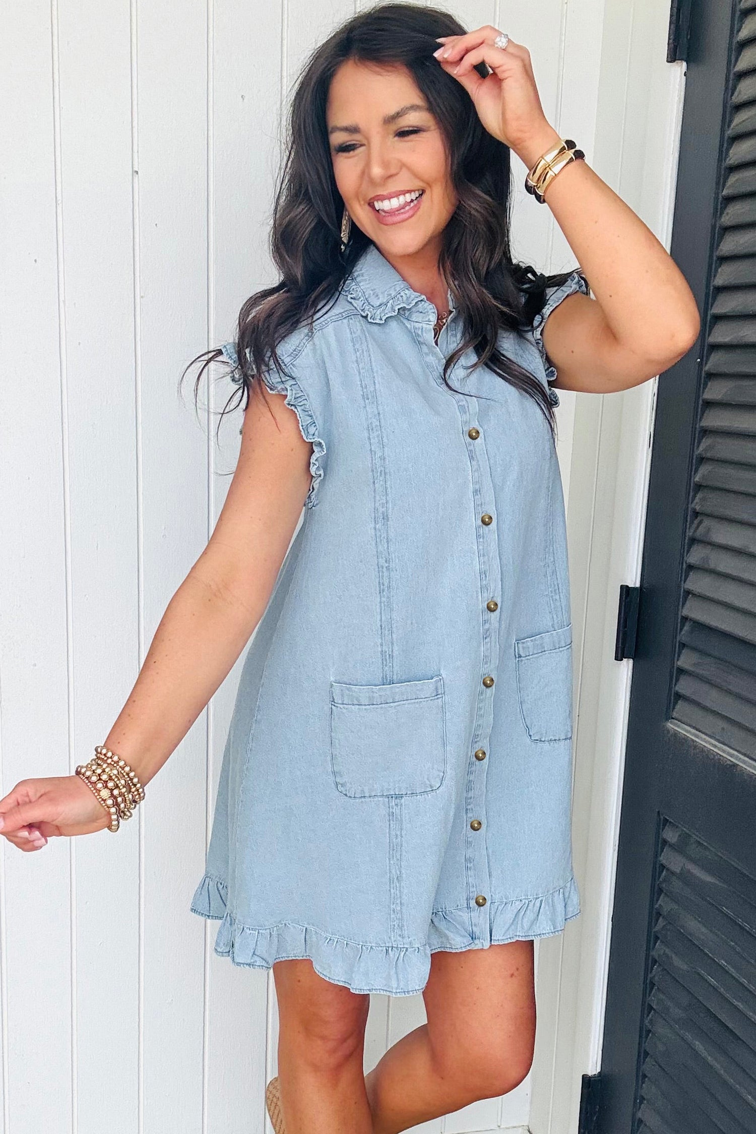 Beau Blue Ruffled Edge Collared Shift Denim Dress with Pockets-TOPS / DRESSES-[Adult]-[Female]-2022 Online Blue Zone Planet