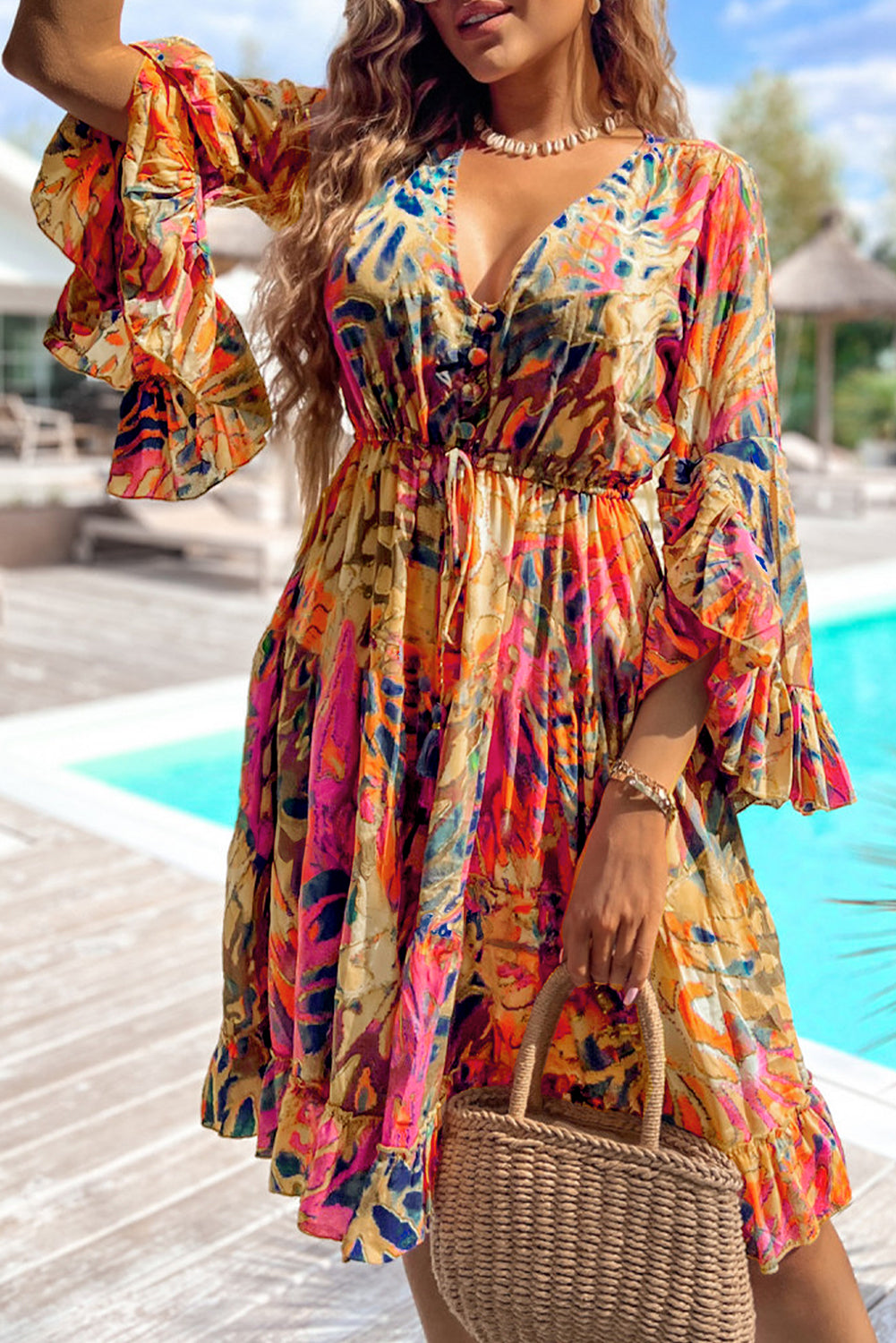 Pink Plant Print Flared Sleeve Ruffled Hem Tunic High Waist Flowy Dress-TOPS / DRESSES-[Adult]-[Female]-Pink-S-2022 Online Blue Zone Planet