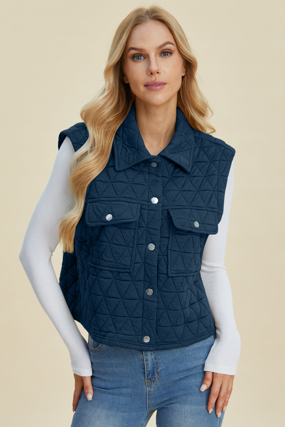 Double Take Full Size Pocketed Texture Snap Down Vest Coat-TOPS / DRESSES-[Adult]-[Female]-Peacock Blue-S-2022 Online Blue Zone Planet