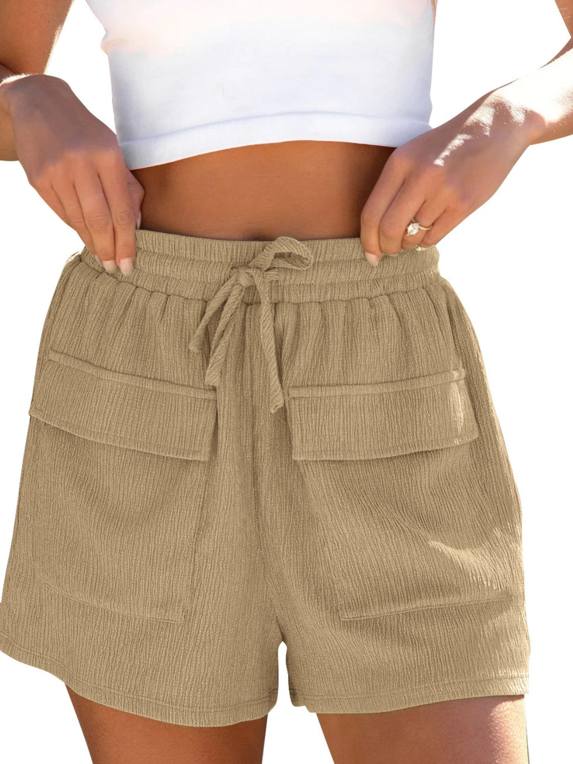 Drawstring High Waist Shorts with Pockets-BOTTOMS SIZES SMALL MEDIUM LARGE-[Adult]-[Female]-2022 Online Blue Zone Planet