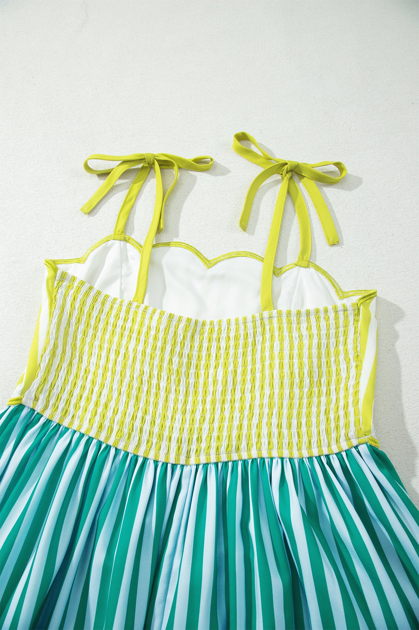 Green Stripe Scalloped Contrast Patchwork Knot Strap Midi Dress-TOPS / DRESSES-[Adult]-[Female]-2022 Online Blue Zone Planet