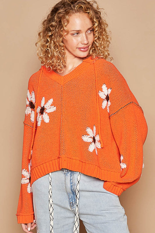 POL Floral Pattern Hooded High-Low Sweater-TOPS / DRESSES-[Adult]-[Female]-Orange-S-2022 Online Blue Zone Planet