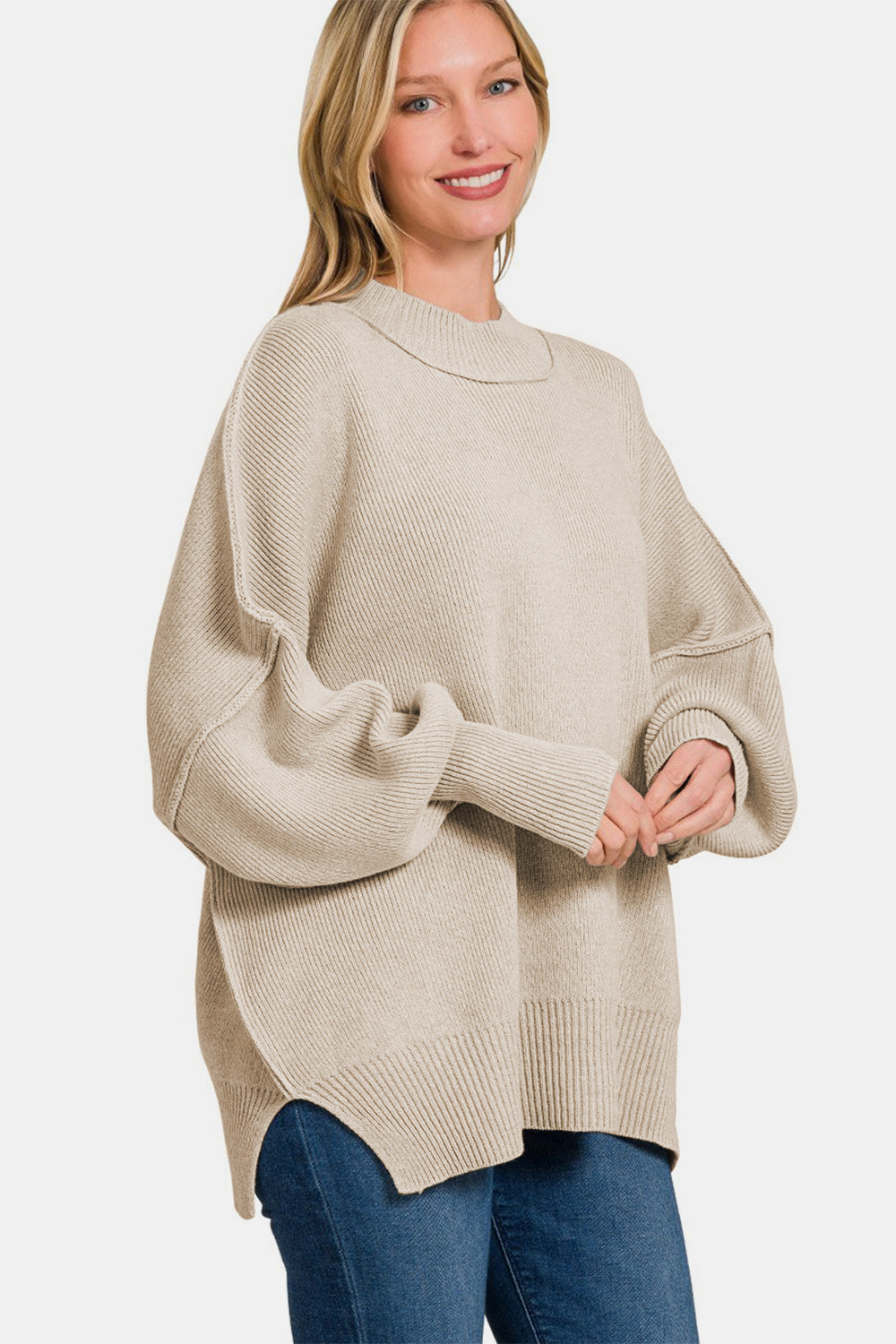 Blue Zone Planet | Zenana Side Sit Oversize Sweater-TOPS / DRESSES-[Adult]-[Female]-2022 Online Blue Zone Planet