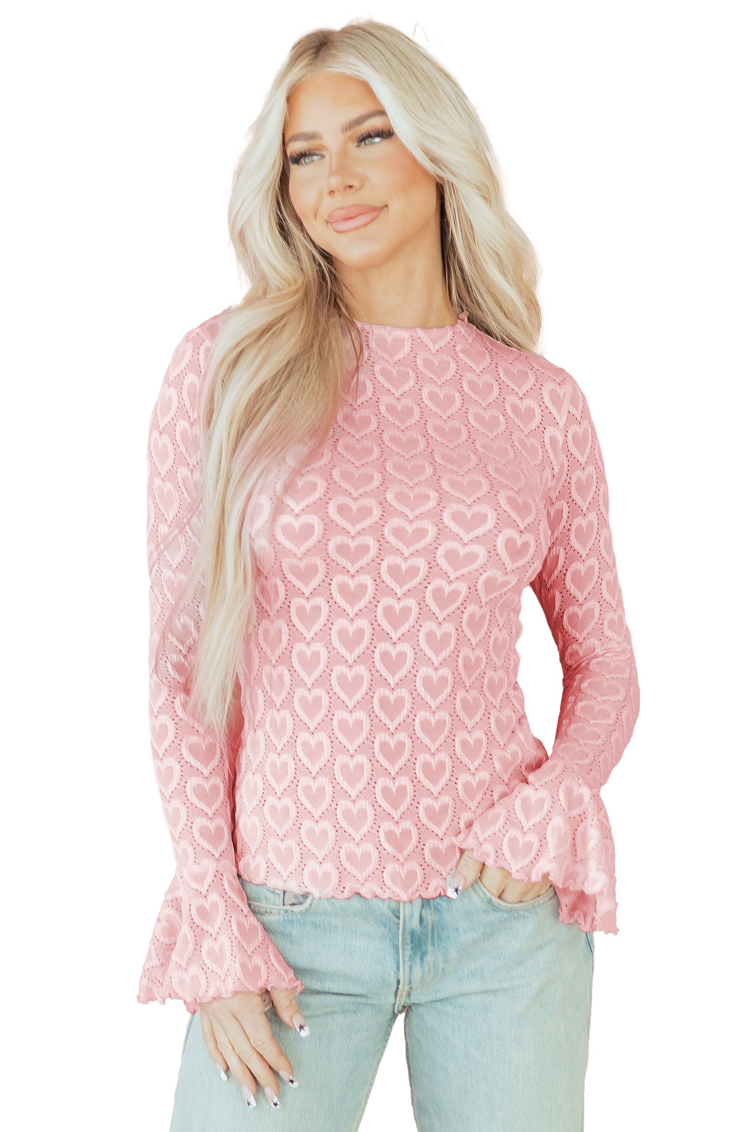 Gossamer Pink Heart Jacquard Flare Sleeve Mock Neck Fitted Top-Tops/Long Sleeve Tops-[Adult]-[Female]-2022 Online Blue Zone Planet