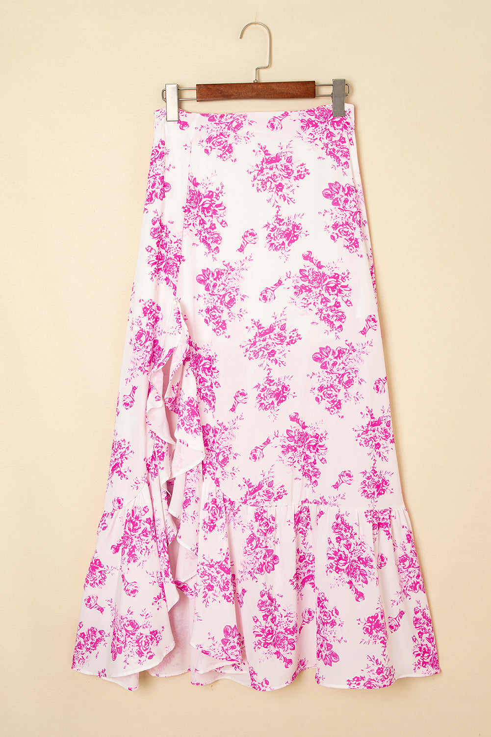 Rose Boho Floral High Waist Ruffle Split Maxi Skirt-Bottoms/Skirts & Petticoat-[Adult]-[Female]-2022 Online Blue Zone Planet