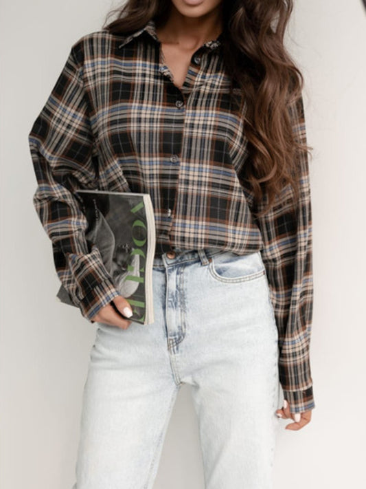 Plaid Collared Neck Long Sleeve Shirt-TOPS / DRESSES-[Adult]-[Female]-Coffee Brown-S-2022 Online Blue Zone Planet