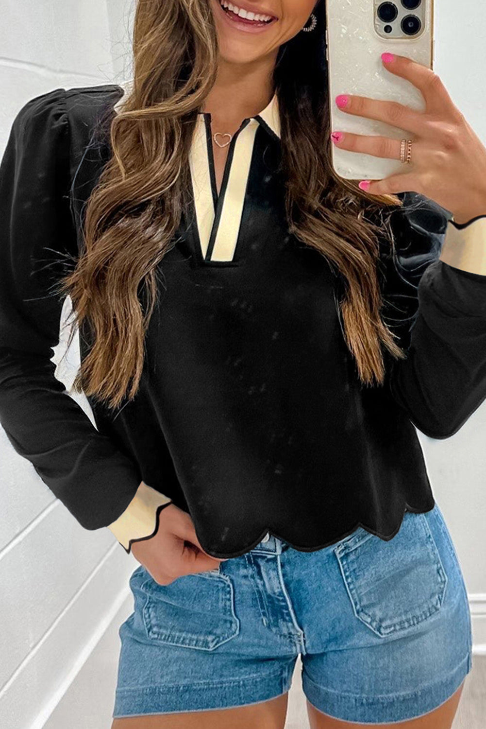 Black Scallop Trim Color Block Long Sleeve Collared Top-Tops/Long Sleeve Tops-[Adult]-[Female]-Black-S-2022 Online Blue Zone Planet