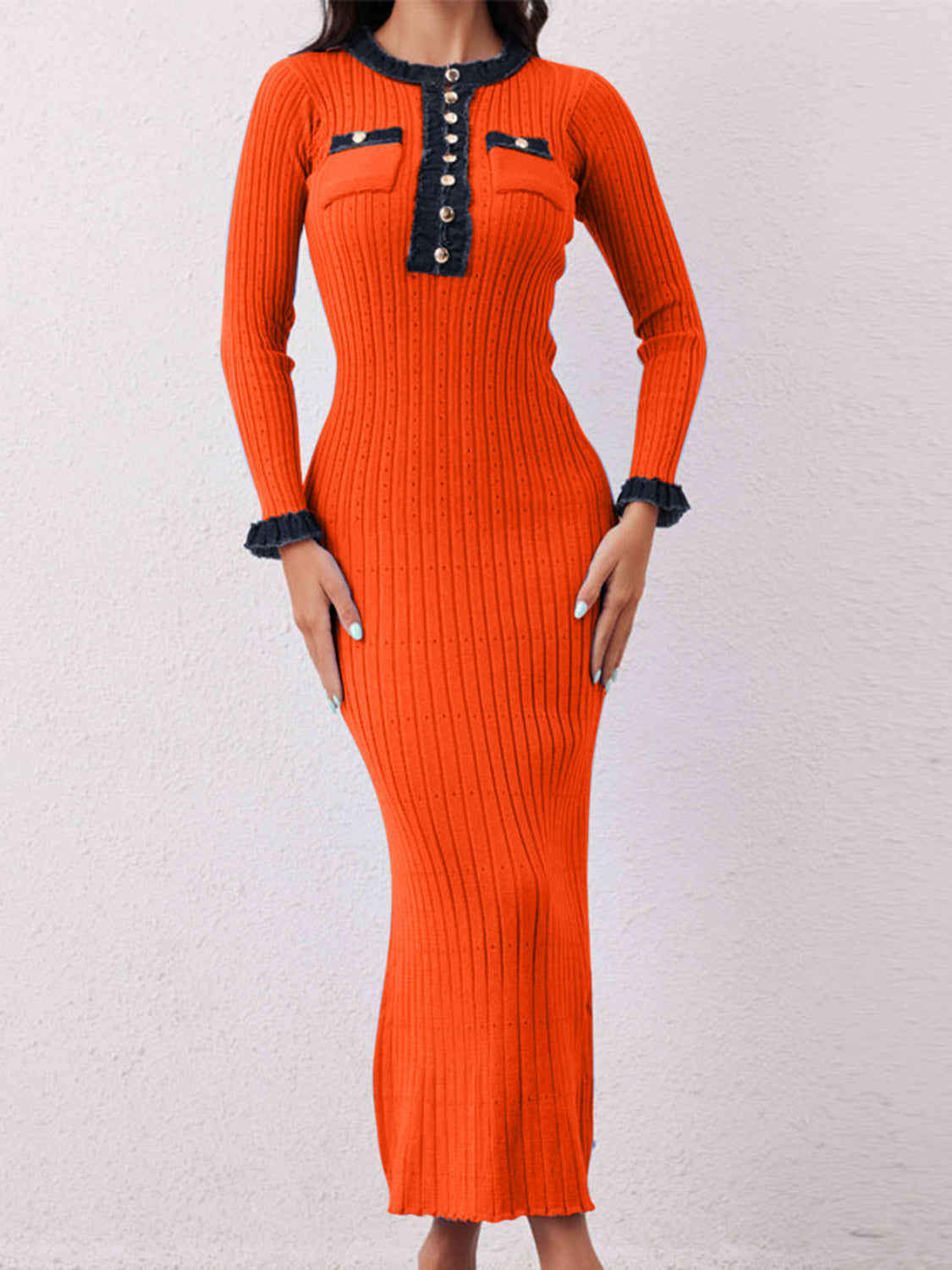 Blue Zone Planet | Contrast Trim Round Neck Long Sleeve Sweater Dress-TOPS / DRESSES-[Adult]-[Female]-Orange-Red-One Size-2022 Online Blue Zone Planet