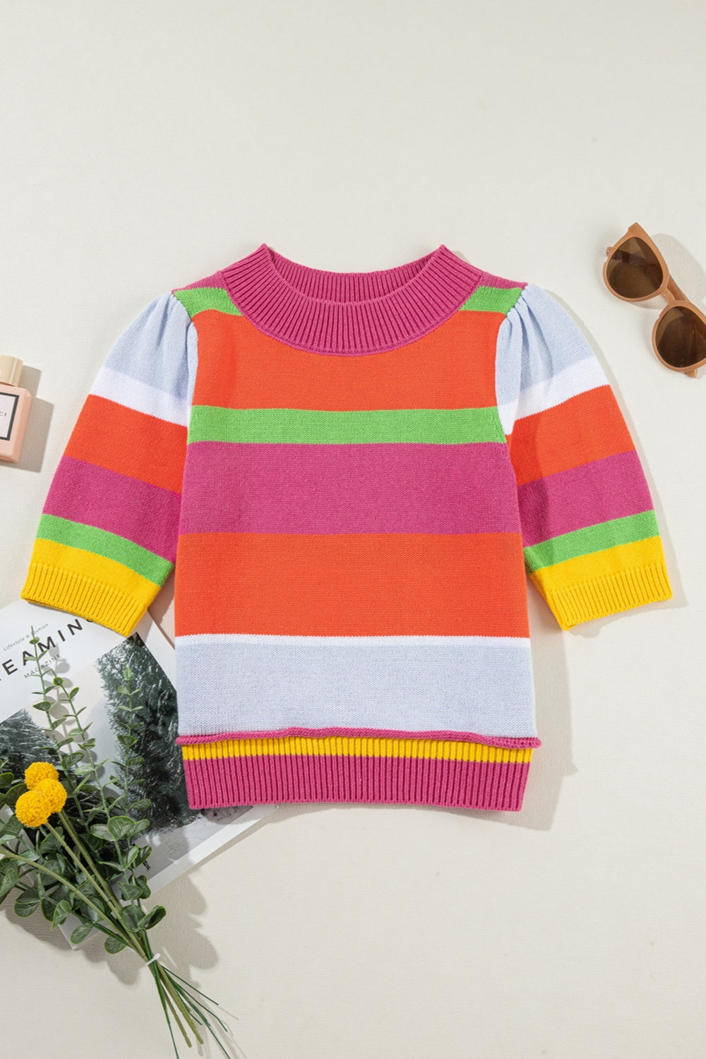 Color Block Round Neck Half Sleeve Knit Top-TOPS / DRESSES-[Adult]-[Female]-2022 Online Blue Zone Planet