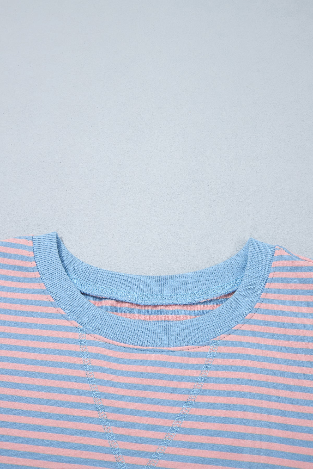 Sky Blue Stripe Colorblock Scalloped Trim Loose 3/4 Sleeve Top-Tops/Long Sleeve Tops-[Adult]-[Female]-2022 Online Blue Zone Planet