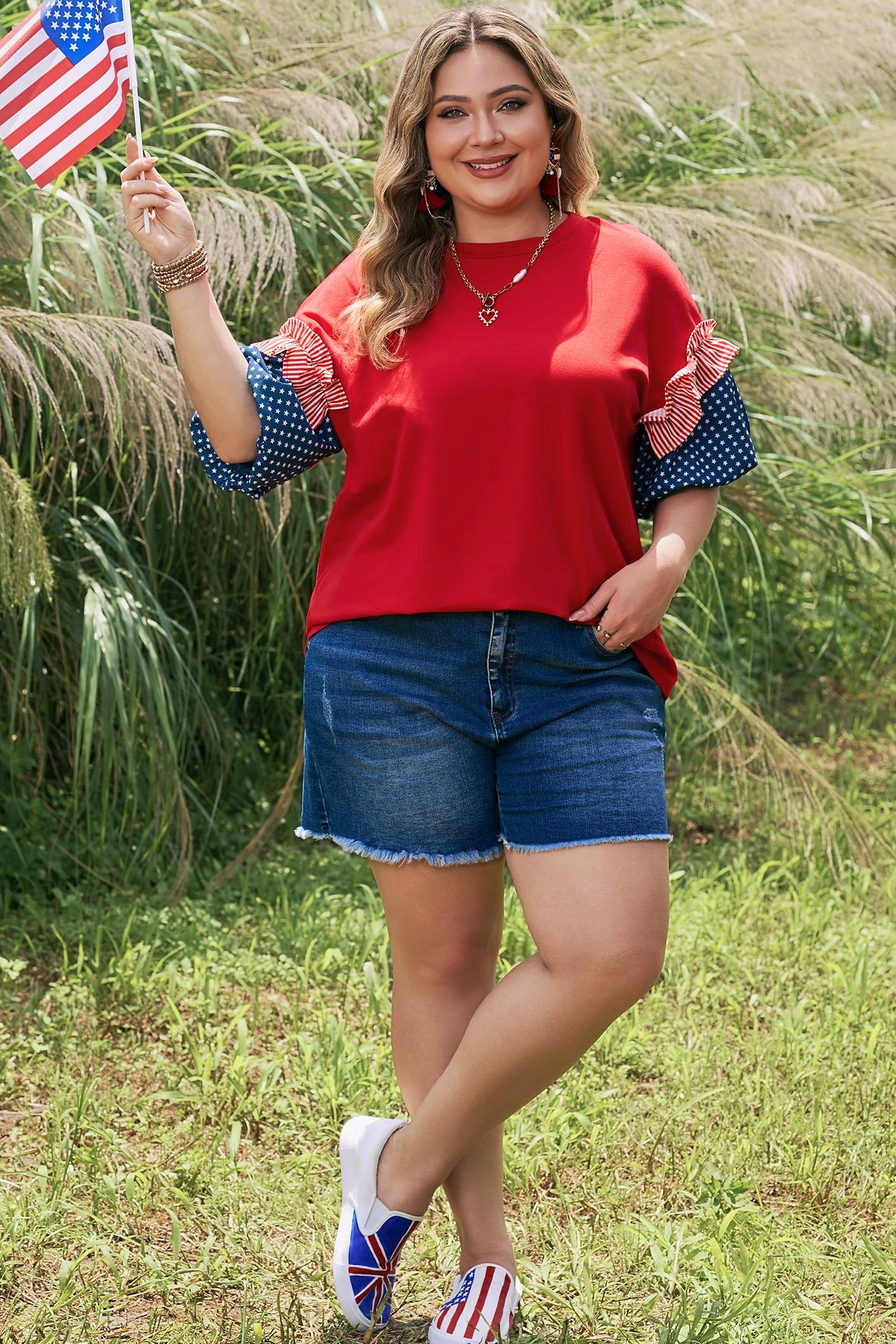 Fiery Red Plus Size Striped Ruffles Star Short Bubble Sleeve Patchwork Top-Plus Size/Plus Size Tops/Plus Size Tops & Tees-[Adult]-[Female]-2022 Online Blue Zone Planet