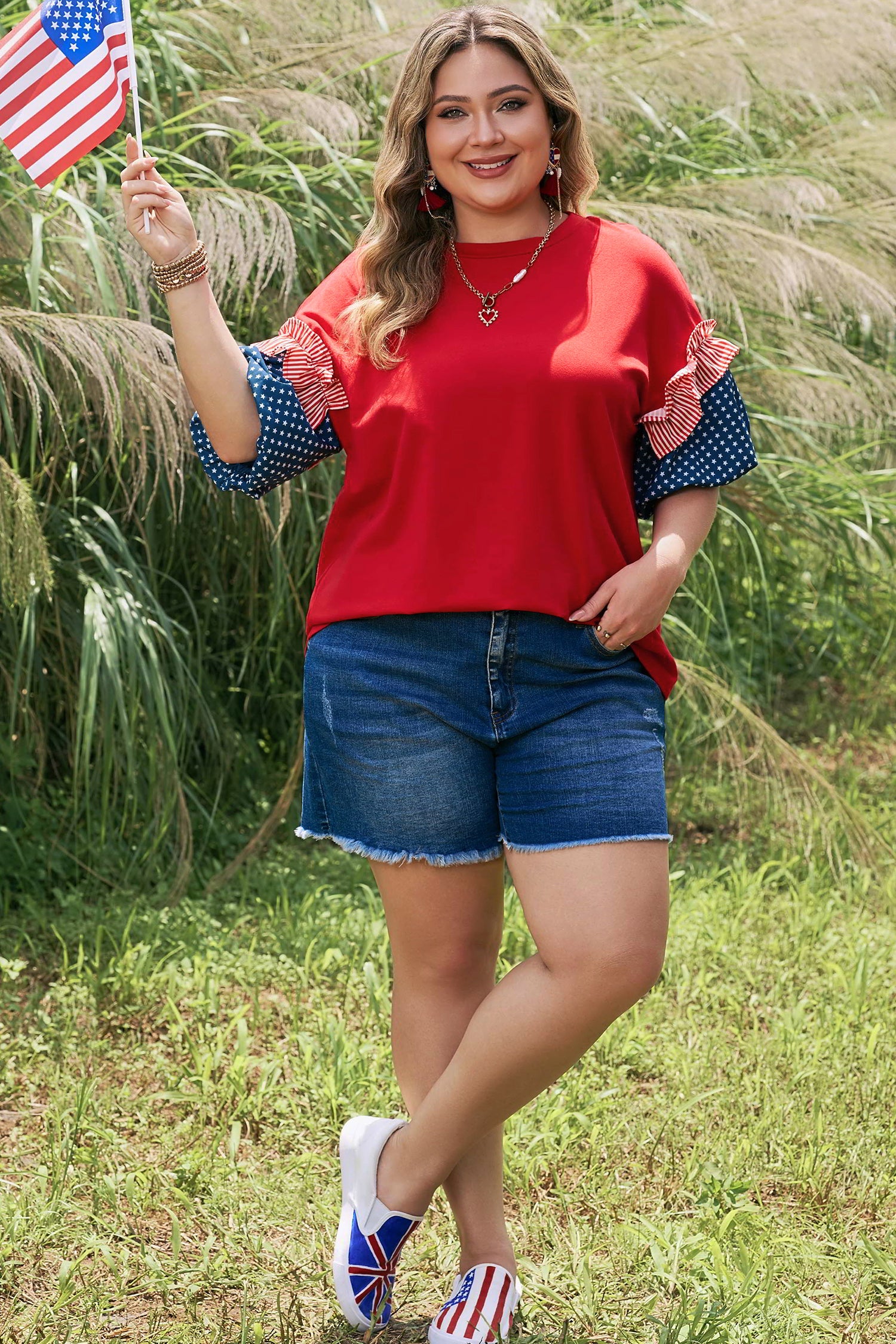 Fiery Red Plus Size Striped Ruffles Star Short Bubble Sleeve Patchwork Top-Plus Size/Plus Size Tops/Plus Size Tops & Tees-[Adult]-[Female]-2022 Online Blue Zone Planet