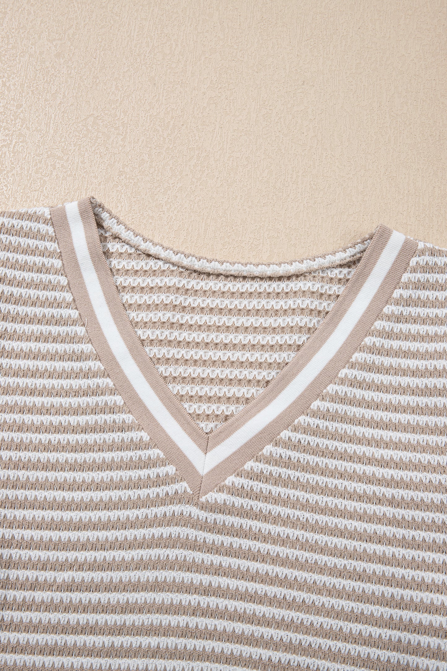 Beige Striped Textured Knit V Neck Casual Top-Tops/Long Sleeve Tops-[Adult]-[Female]-2022 Online Blue Zone Planet