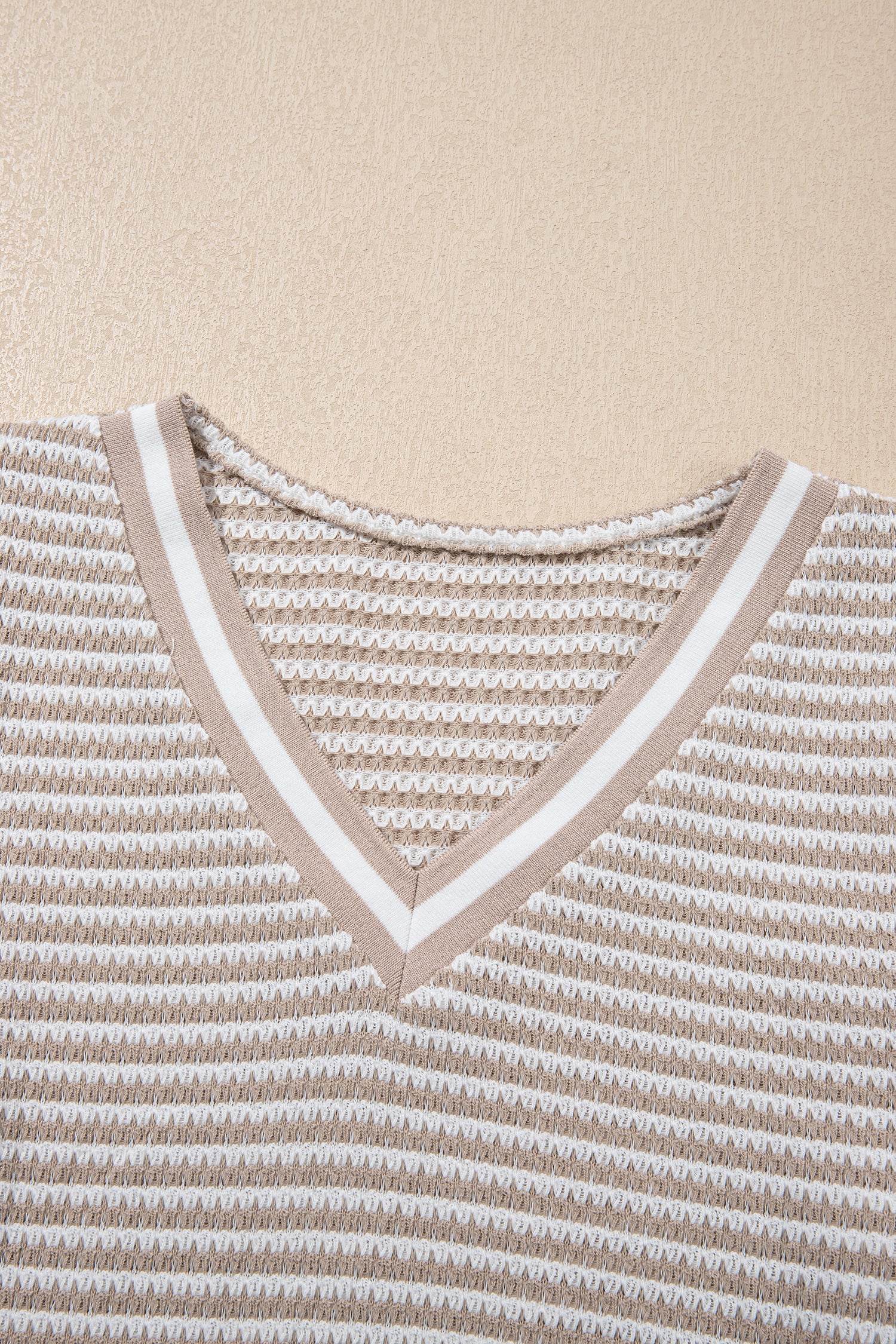 Beige Striped Textured Knit V Neck Casual Top-Tops/Long Sleeve Tops-[Adult]-[Female]-2022 Online Blue Zone Planet