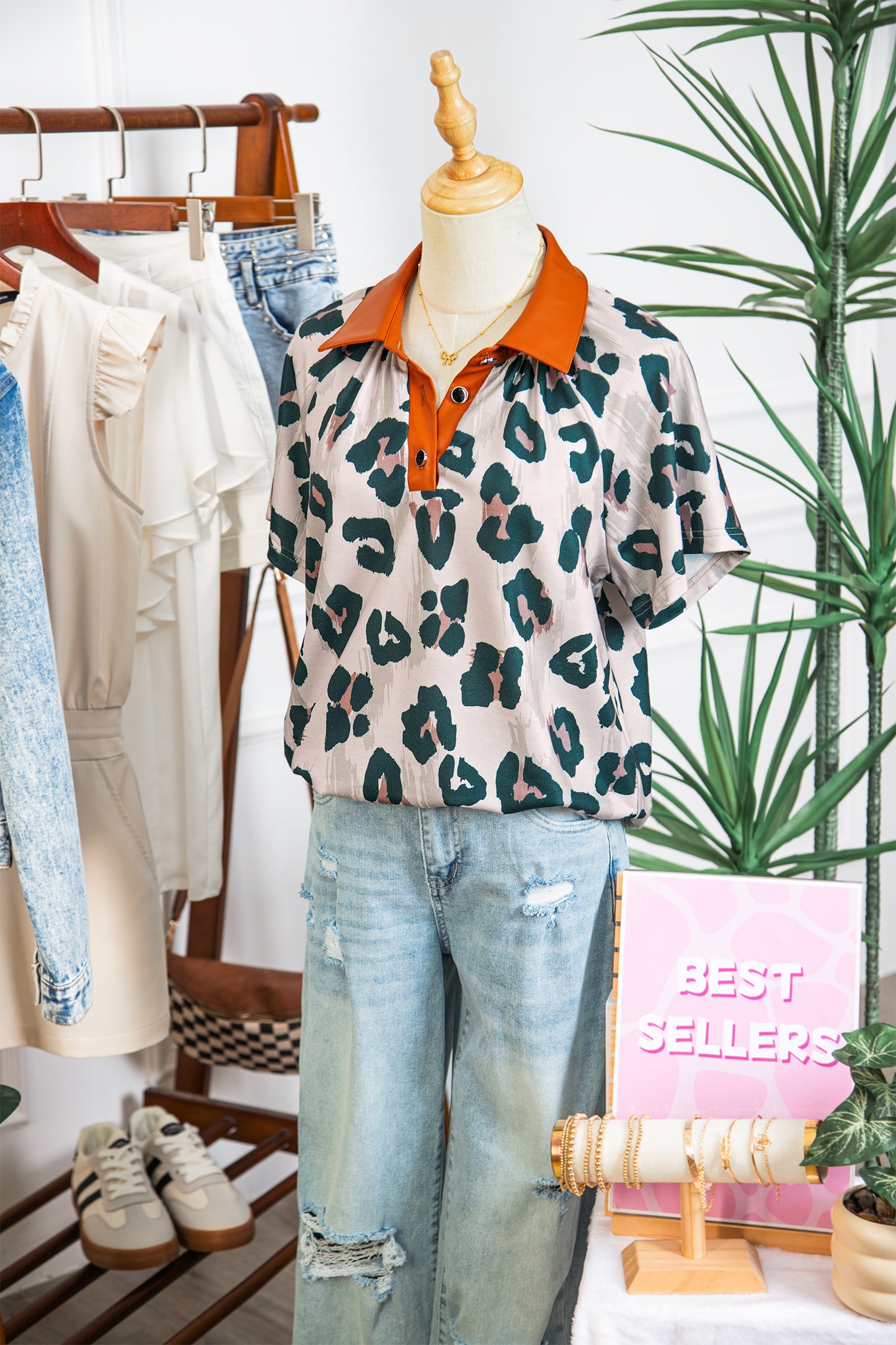 Casual Unique Leopard Print Button Contrast Collared Short Sleeve Blouse-Tops/Blouses & Shirts-[Adult]-[Female]-2022 Online Blue Zone Planet