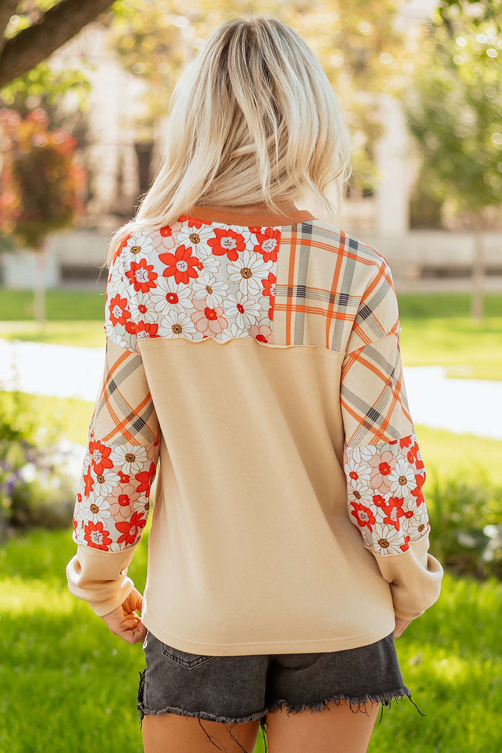 Parchment Floral Plaid Patchwork Casual Top-Tops/Long Sleeve Tops-[Adult]-[Female]-2022 Online Blue Zone Planet