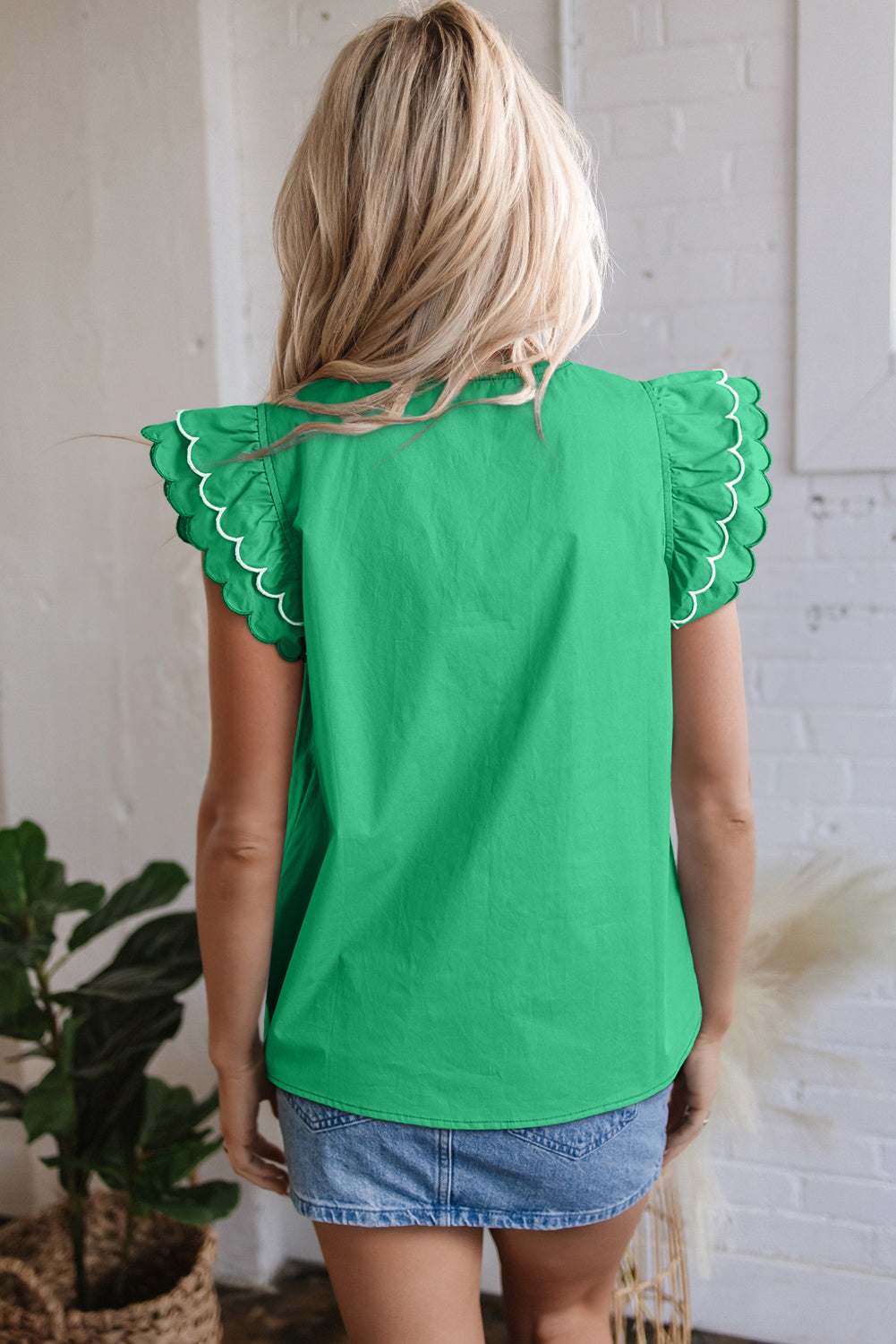 Bright Green Contrast Scallop Trim Layered Short Sleeve V Neck Blouse-Tops/Blouses & Shirts-[Adult]-[Female]-2022 Online Blue Zone Planet