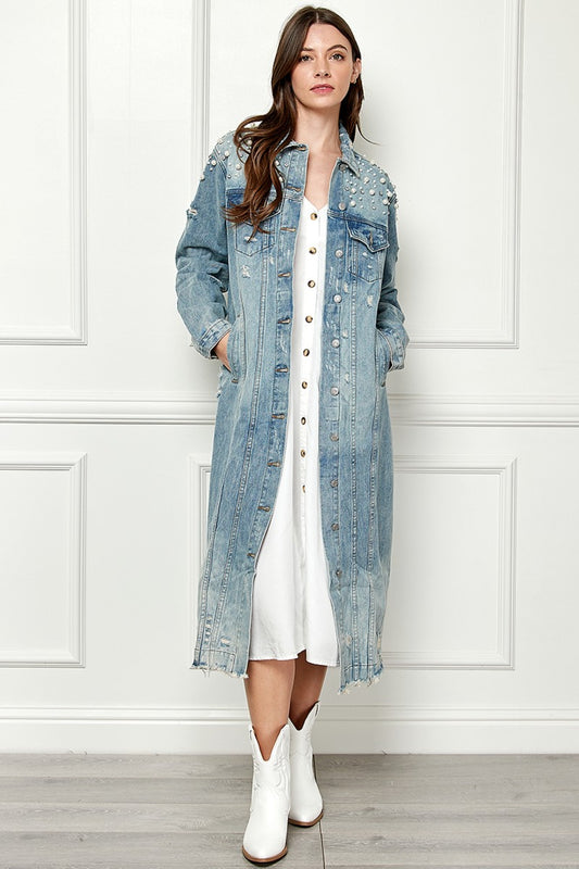 Blue Zone Planet | Veveret Full Size Distressed Raw Hem Pearl Detail Button Up Jacket-TOPS / DRESSES-[Adult]-[Female]-MEDWASH-S-2022 Online Blue Zone Planet