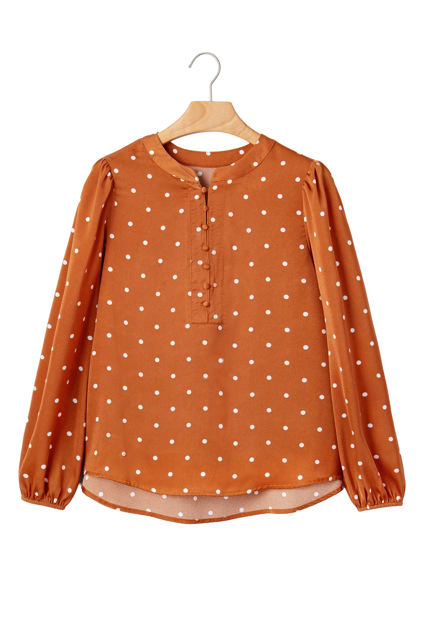 Brown Polka Dot Half Button V Neck Long Sleeve Blouse-Tops/Blouses & Shirts-[Adult]-[Female]-2022 Online Blue Zone Planet