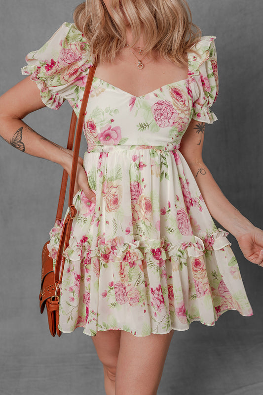 White Floral Print Sweetheart Neck Bubble Sleeve Ruffle Mini Dress-Short Dresses-[Adult]-[Female]-White-L-2022 Online Blue Zone Planet