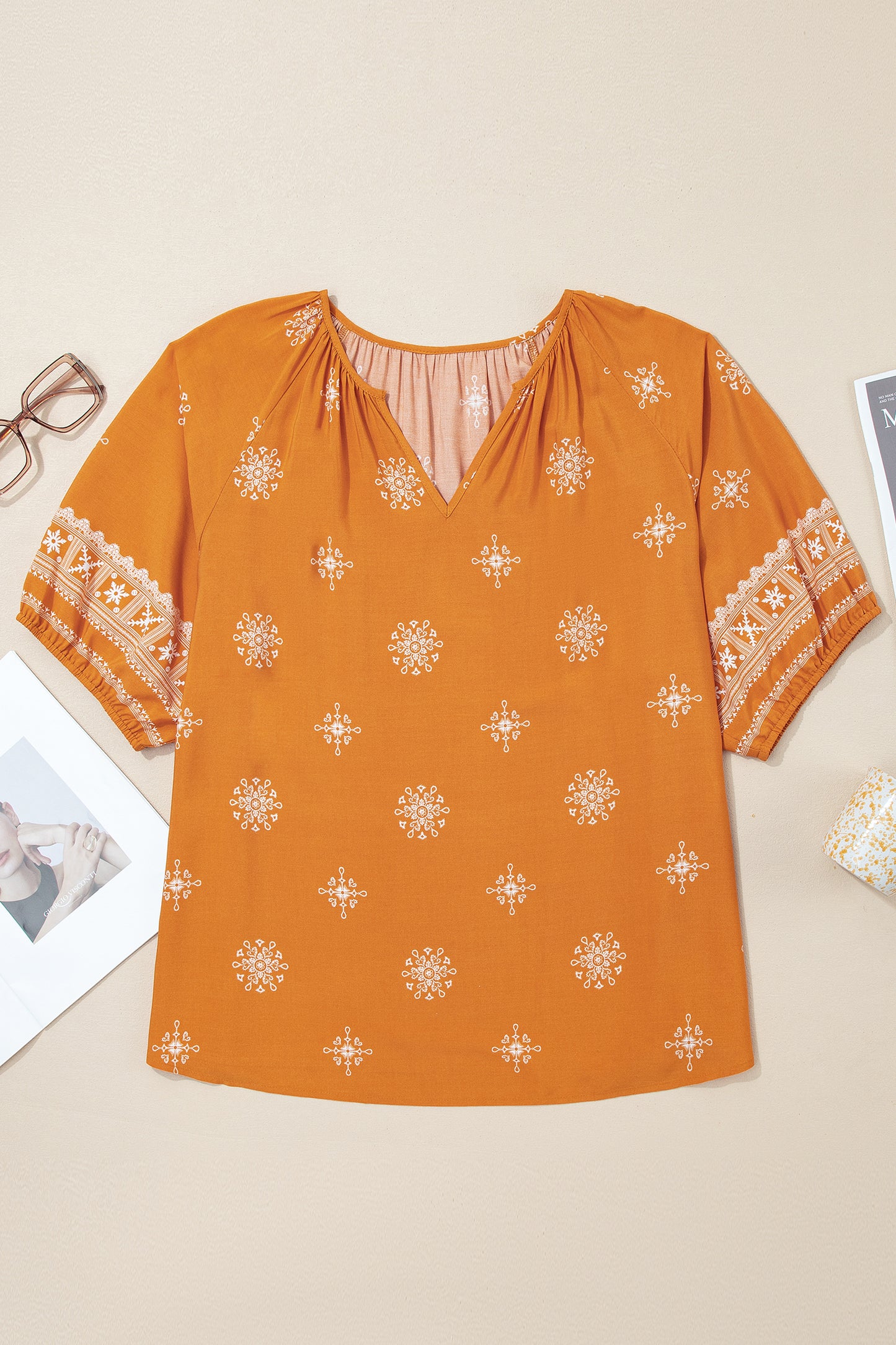 Yellow Boho Chic Notched V Neck Plus Floral Short Sleeve Top-Plus Size/Plus Size Tops/Plus Size Blouses & Shirts-[Adult]-[Female]-2022 Online Blue Zone Planet