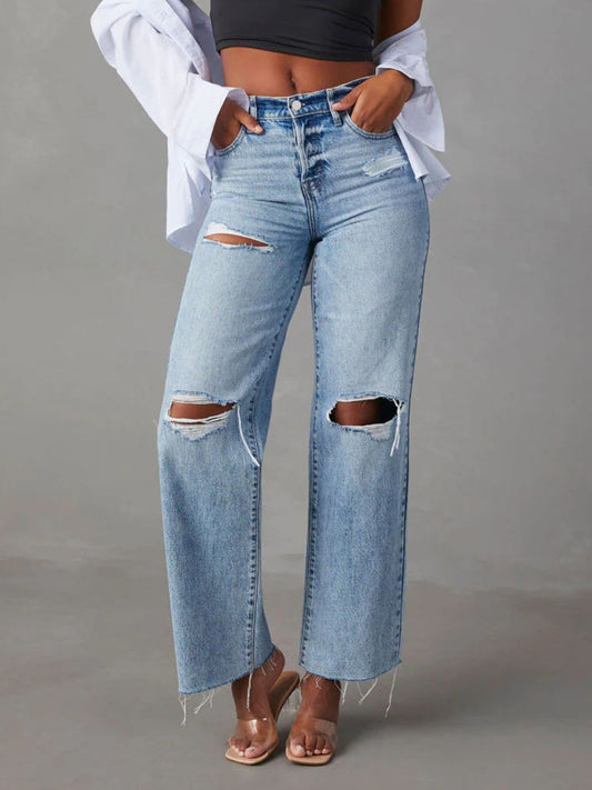 Distressed Straight Leg Jeans with Pockets-TOPS / DRESSES-[Adult]-[Female]-Light-S-2022 Online Blue Zone Planet