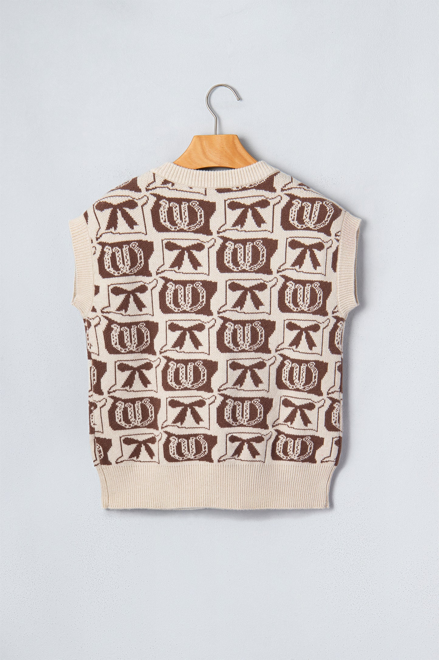 Brown Western Horseshoe Bow Pattern Button Front Sleeveless Knit Sweater-Sweaters & Cardigans/Sweater Vests-[Adult]-[Female]-2022 Online Blue Zone Planet