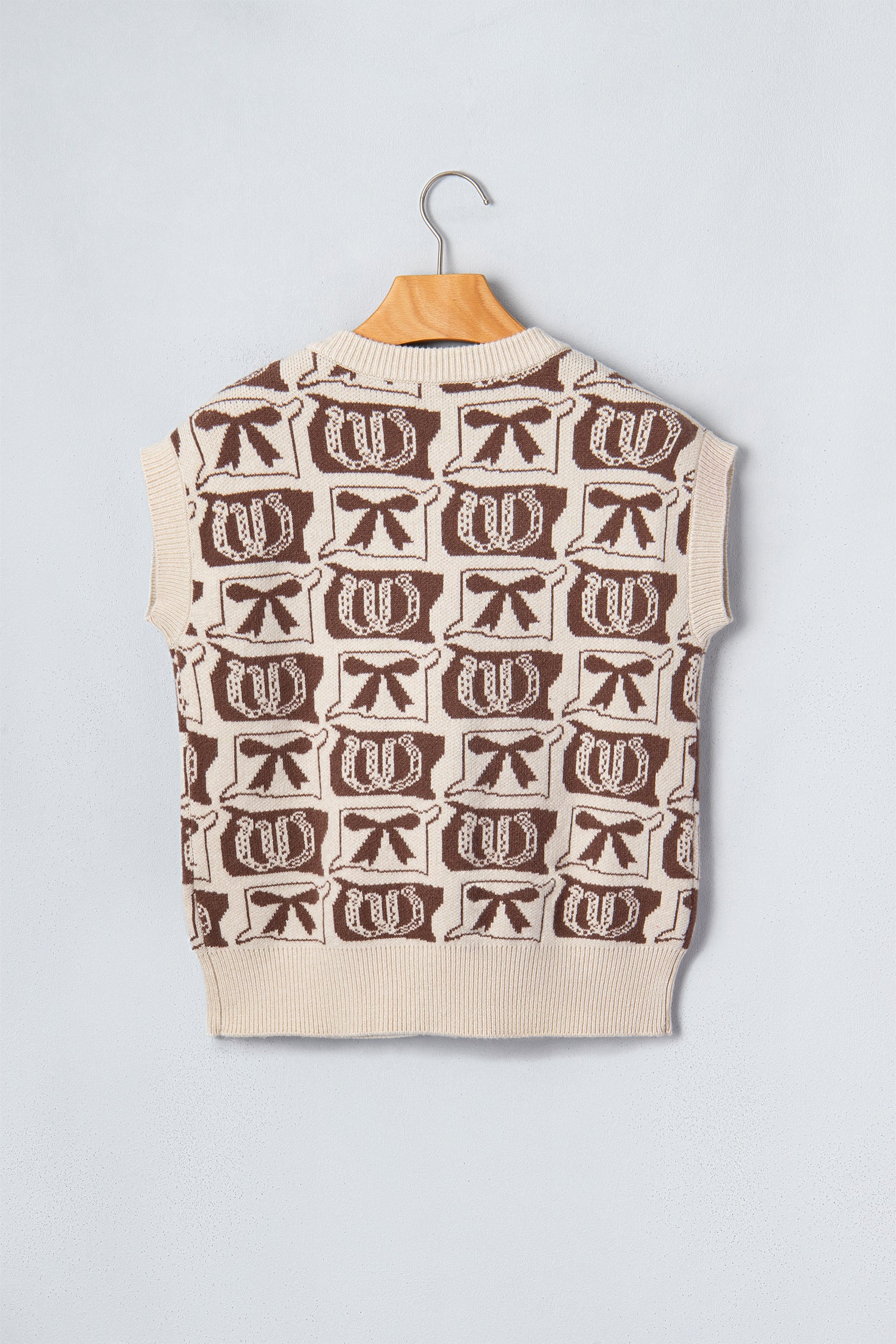 Brown Western Horseshoe Bow Pattern Button Front Sleeveless Knit Sweater-Sweaters & Cardigans/Sweater Vests-[Adult]-[Female]-2022 Online Blue Zone Planet
